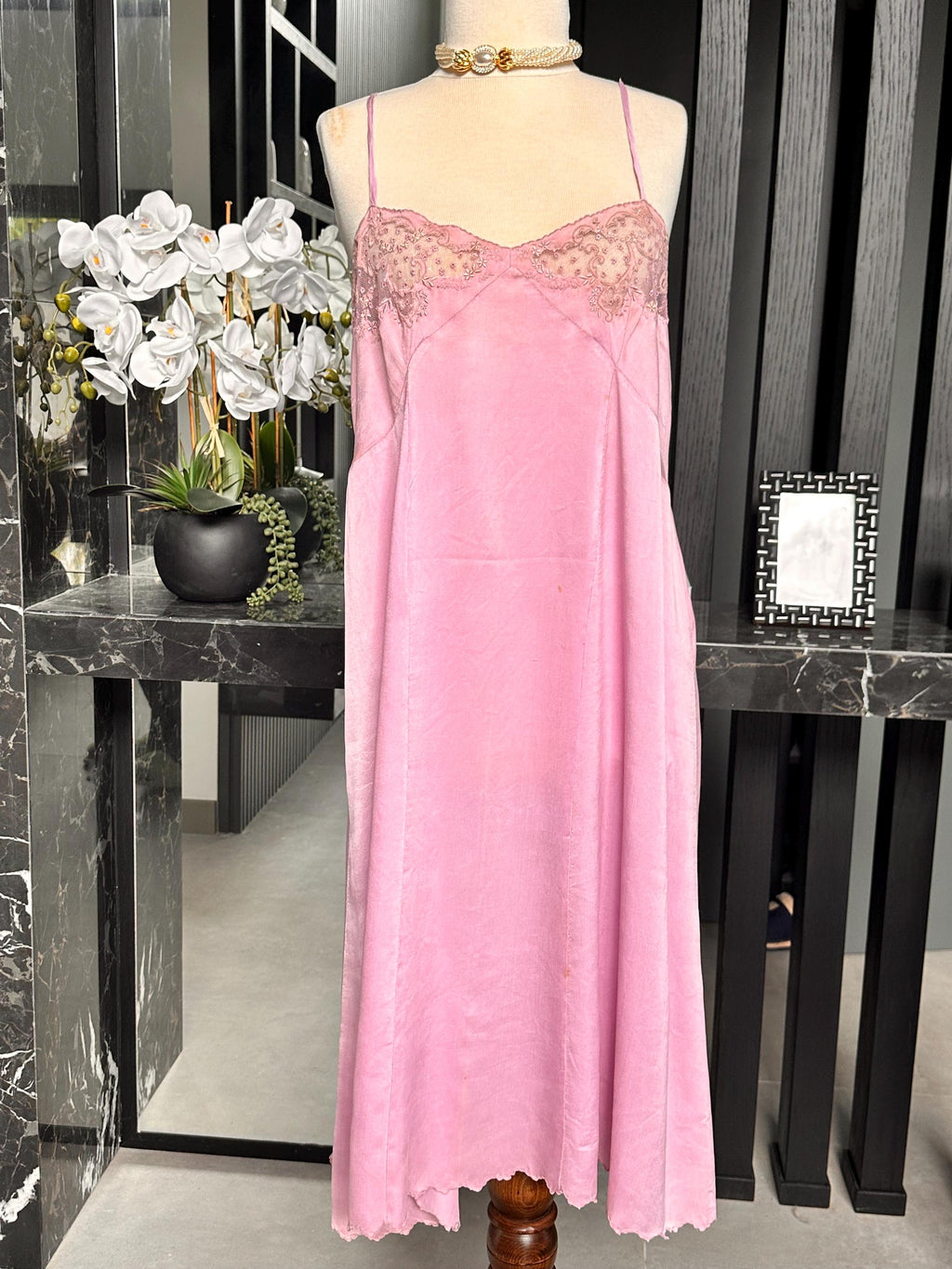 Large size. Antique 1930s Lilac Silk Slip – Authentic Lace embroidery Inset Bias-Cut