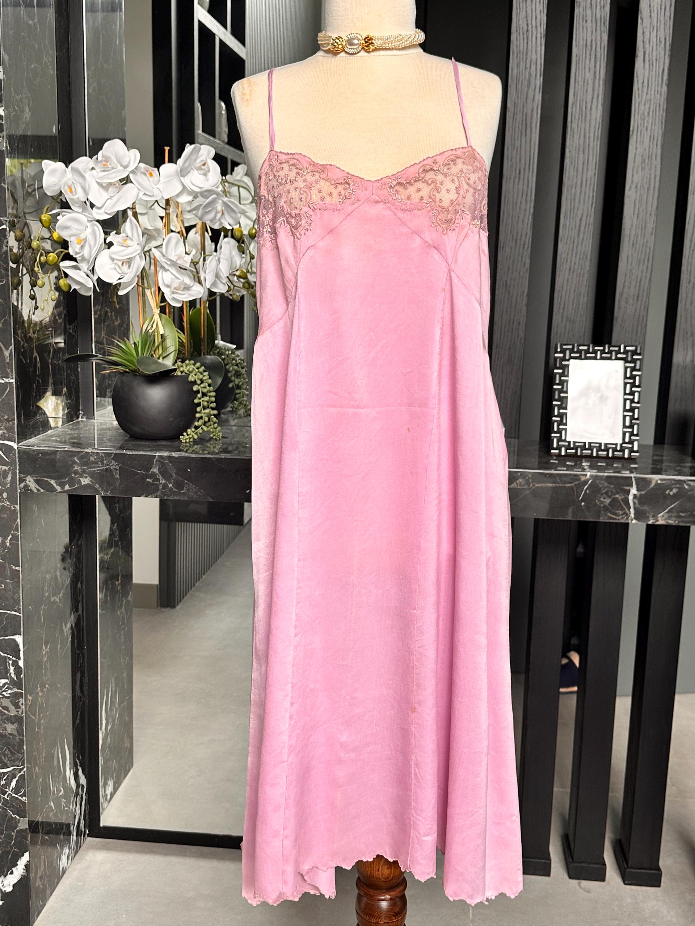 Large size. Antique 1930s Lilac Silk Slip – Authentic Lace embroidery Inset Bias-Cut