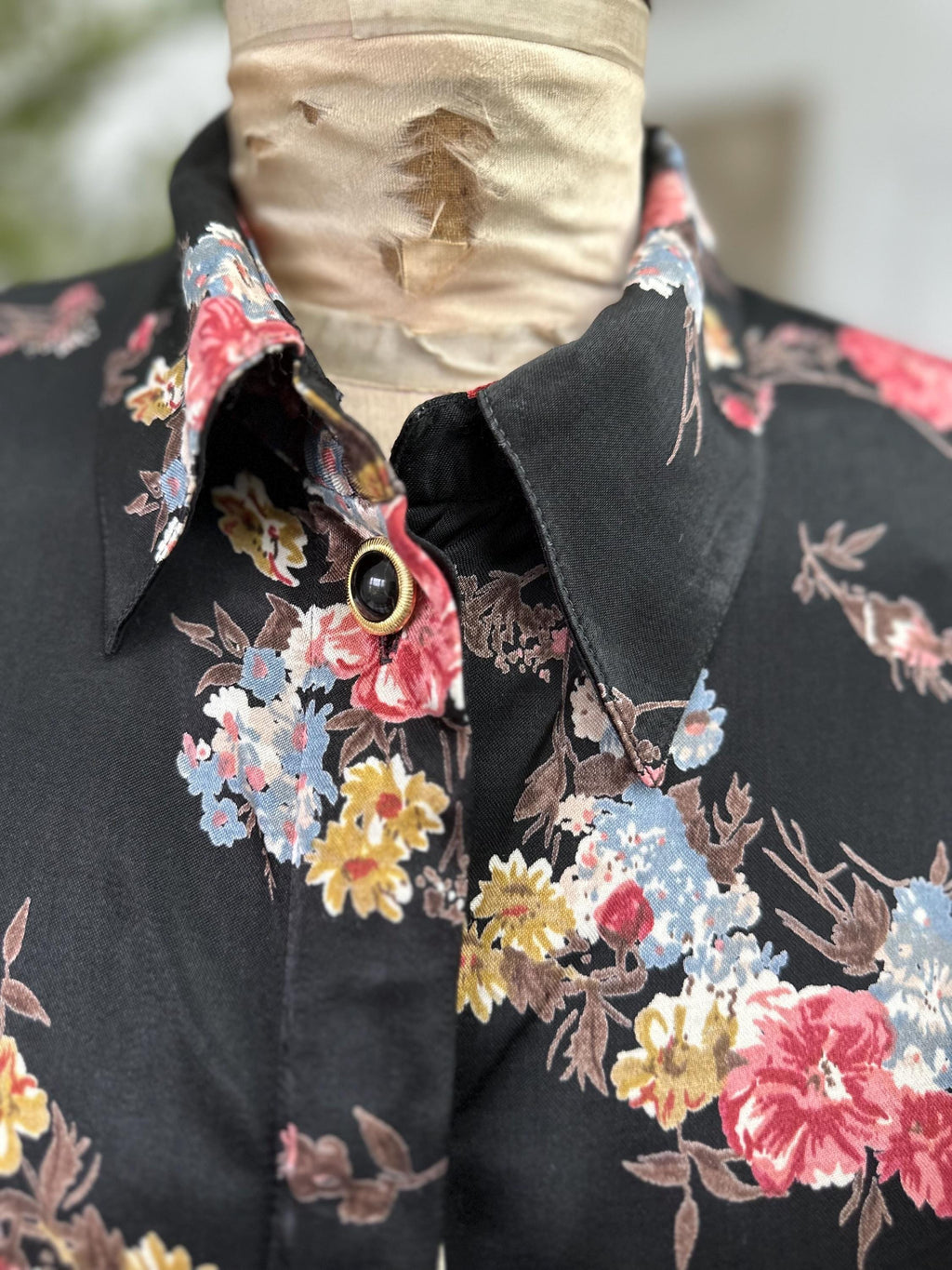 1980s Satin Black Floral Long Sleeve Blouse Vintage Chic