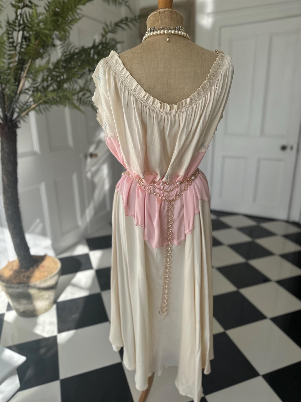 1930s Two-Tone Silk Gown: Pink, Cream, Hand-Embroidered, Scalloped Maxi Dress