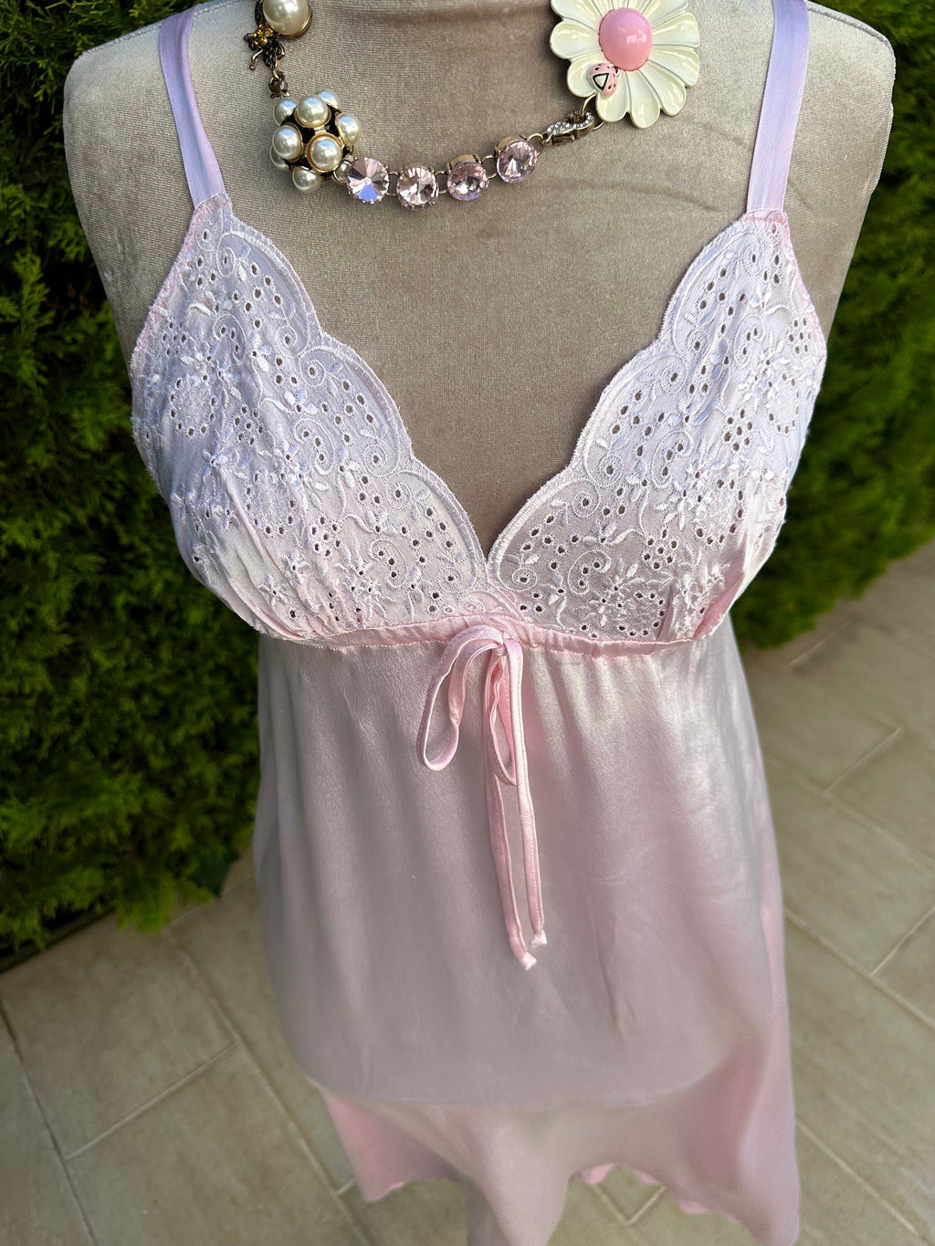 1970 Vintage long pink slip dress with embroidery