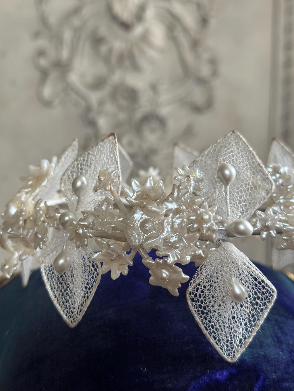 Antique 1940s  Floral Wax Tiara with tulle