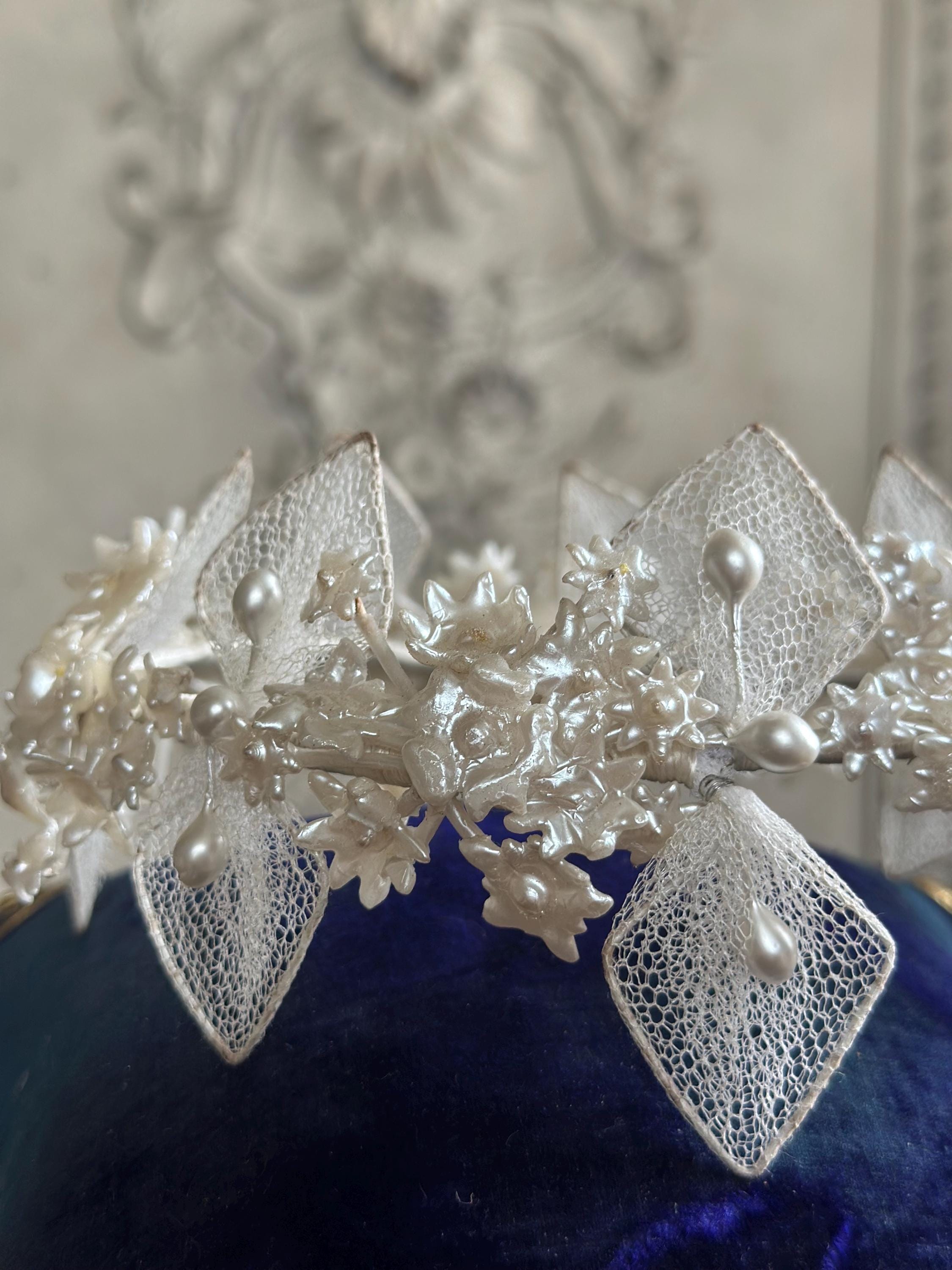 Antique 1940s  Floral Wax Tiara with tulle