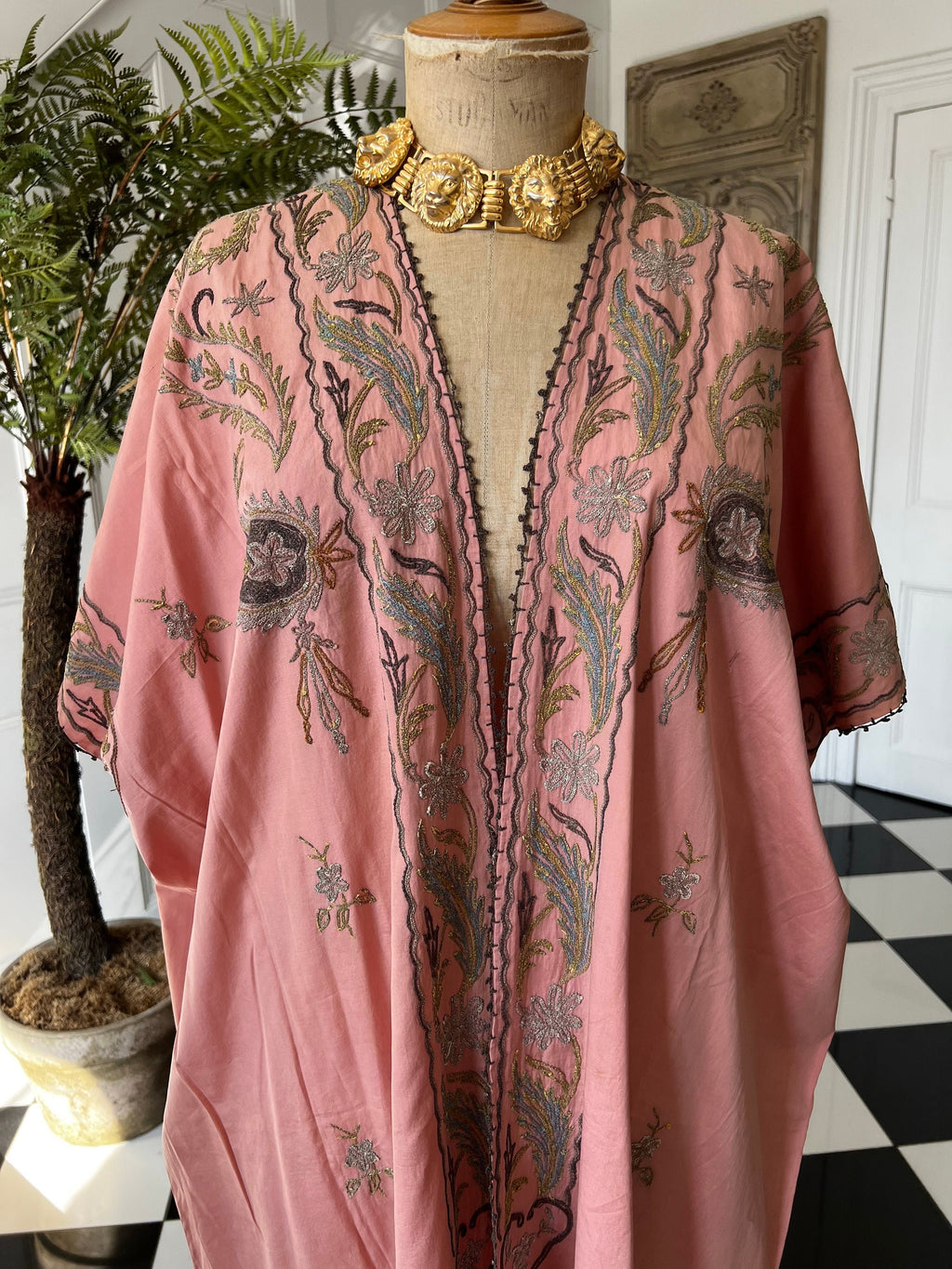 Antique Ottoman robe kimono with embroidered in pale old rose  pink