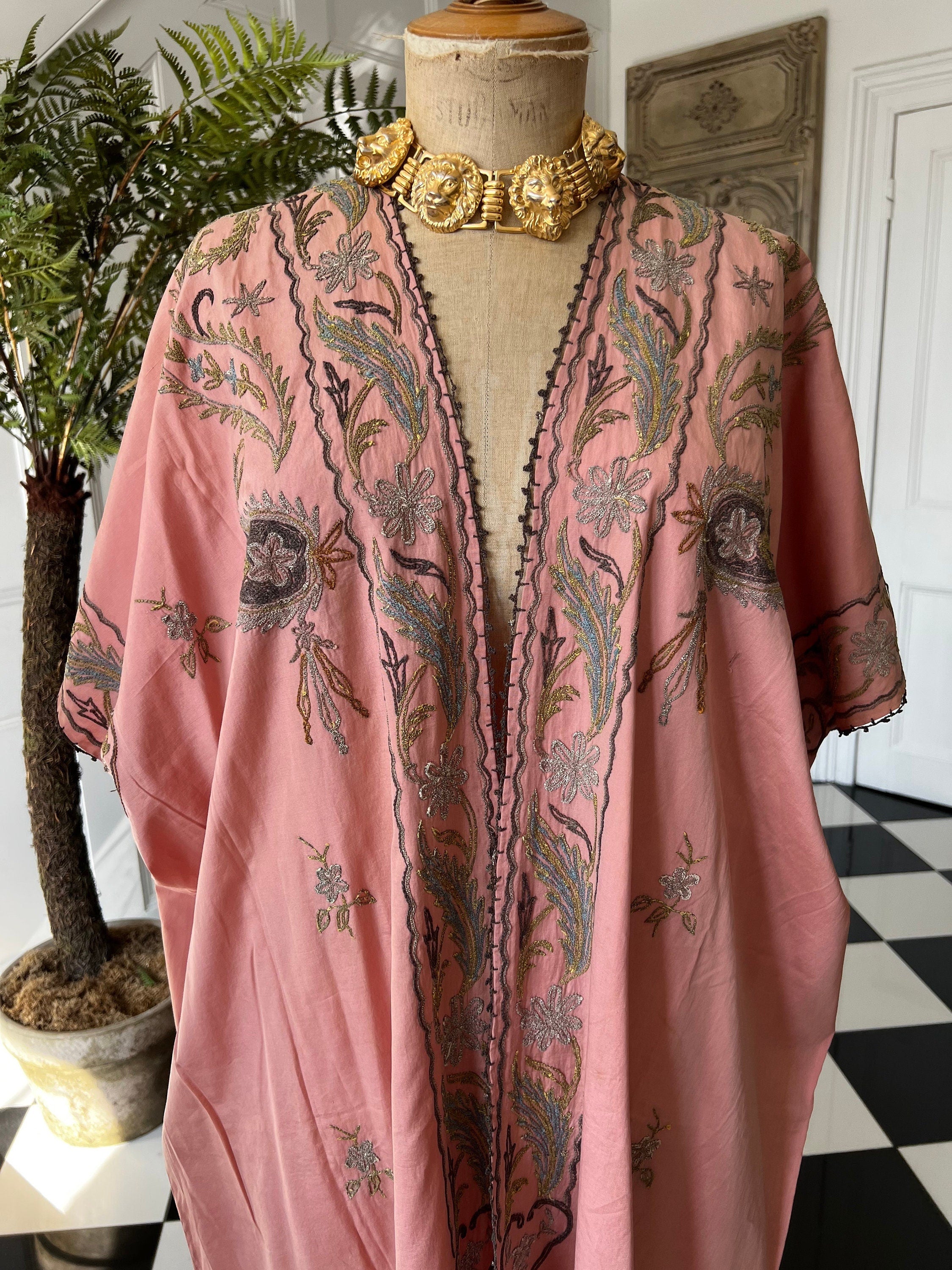 Antique Ottoman robe kimono with embroidered in pale old rose  pink