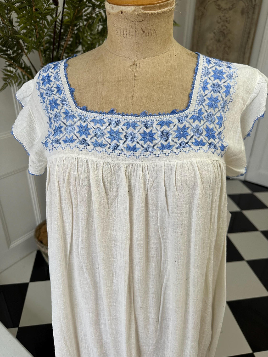 1970s hand loomed muslin dress with hand embroidered smock style