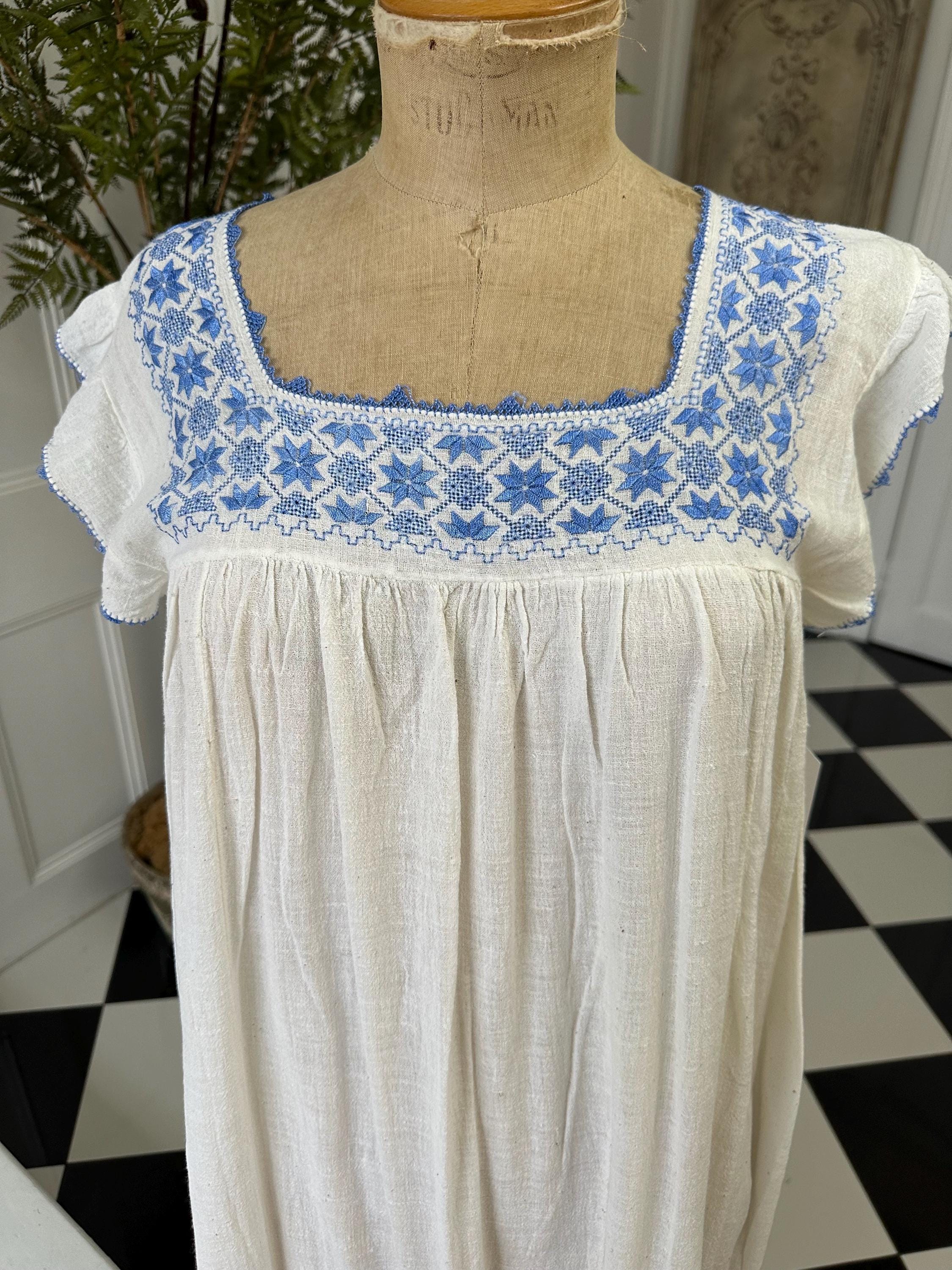1970s hand loomed muslin dress with hand embroidered smock style