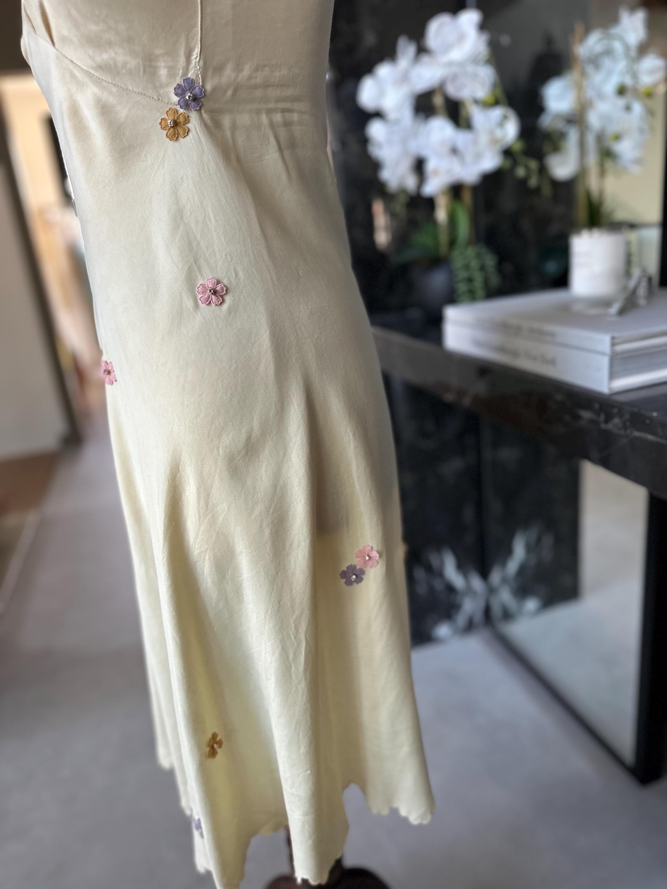 The Summer in Provence Silk Gown – Authentic 1940s Buttercream Silk with Florals applique