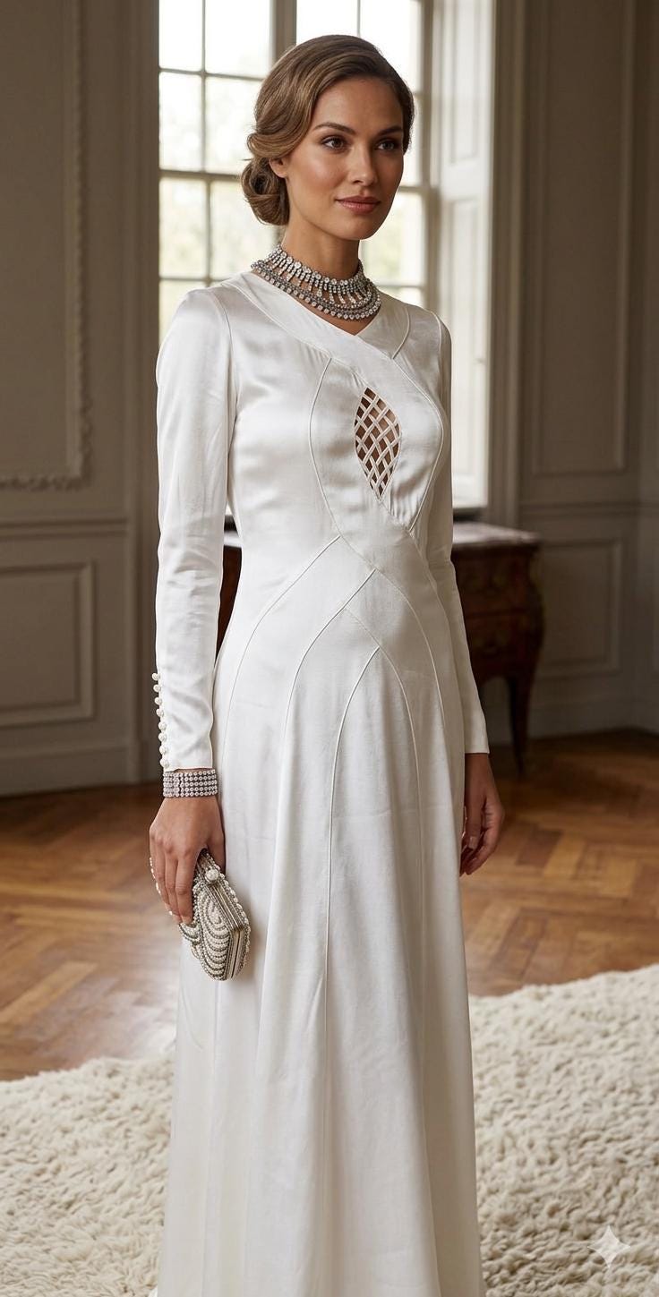 1930s white satin bias cut wedding dress