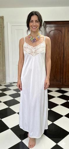 Vintage 1970 Soft White Satin Slip Dress Cream Lace Alluring Design