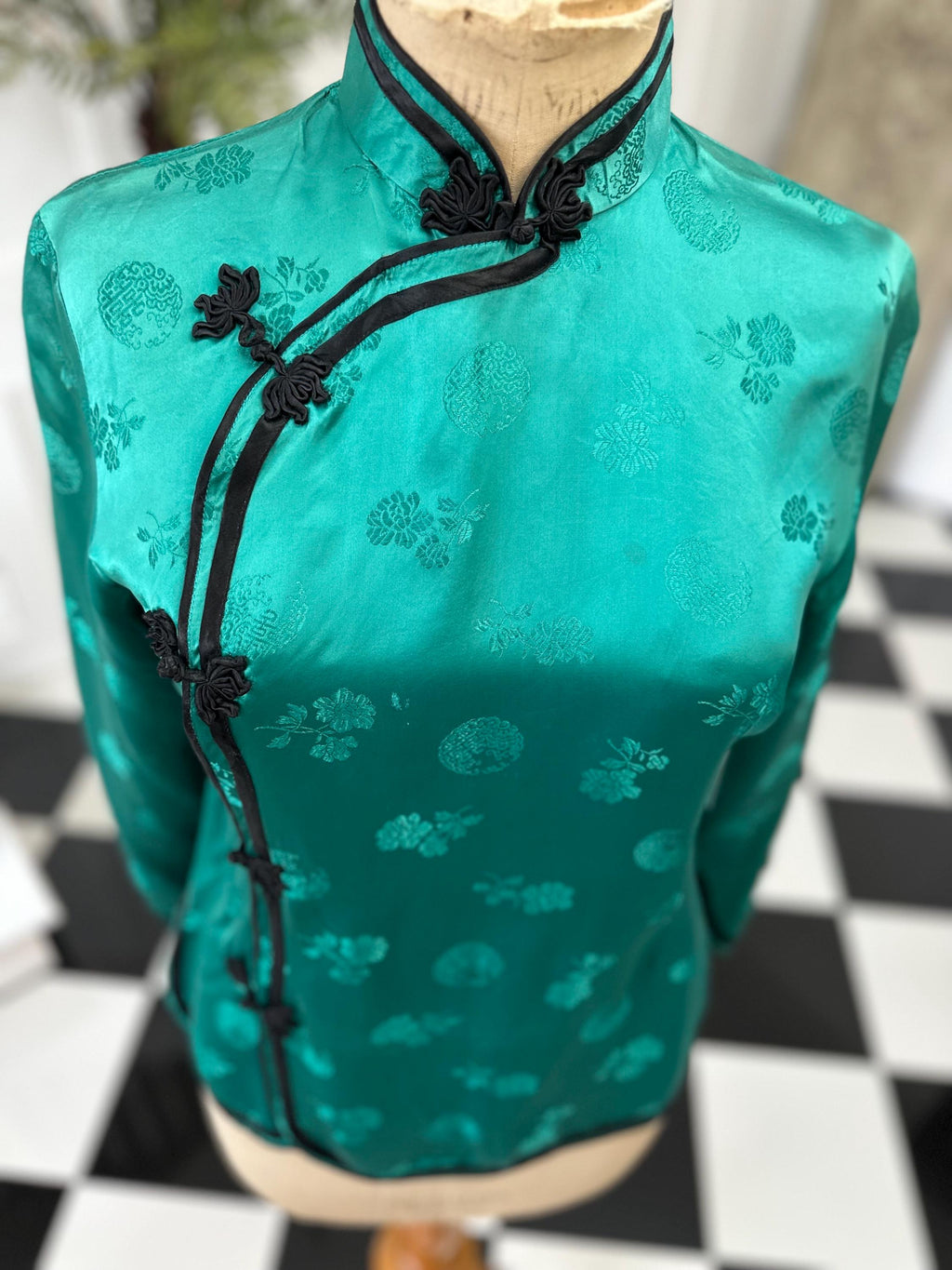 Chinese Emerald green rayon blouse label Silver Lake