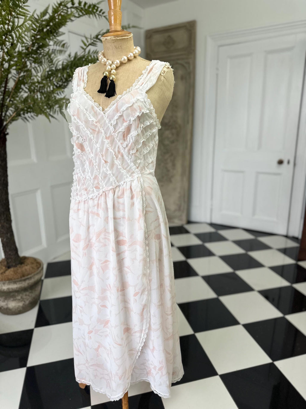 Vintage Chiffon Lightweight Slip Dress with Lace Ruffle Front – White and Peach Details