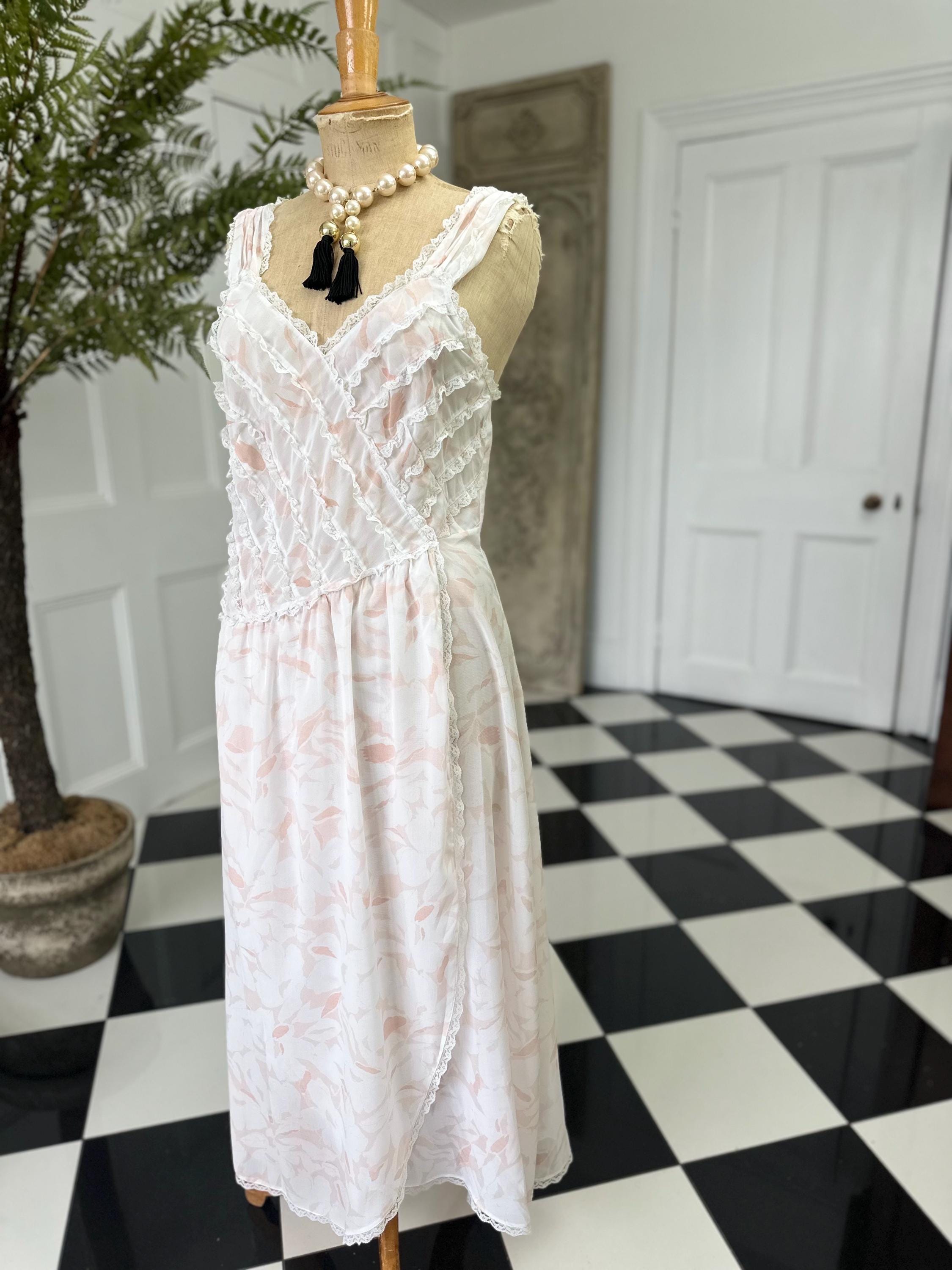 Vintage Chiffon Lightweight Slip Dress with Lace Ruffle Front – White and Peach Details