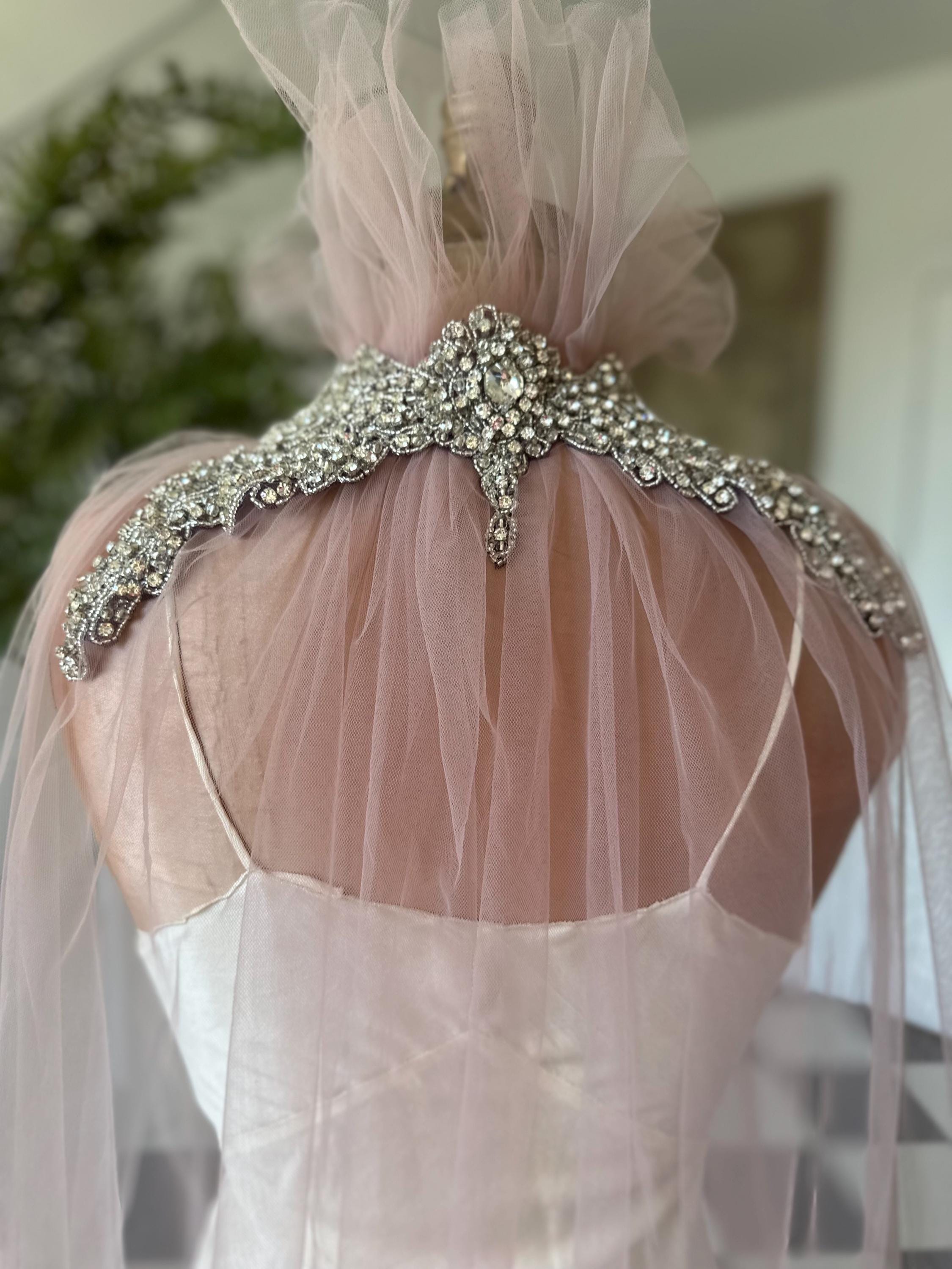 Handmade Vintage embellished soft Tulle Cape in old rose pink
