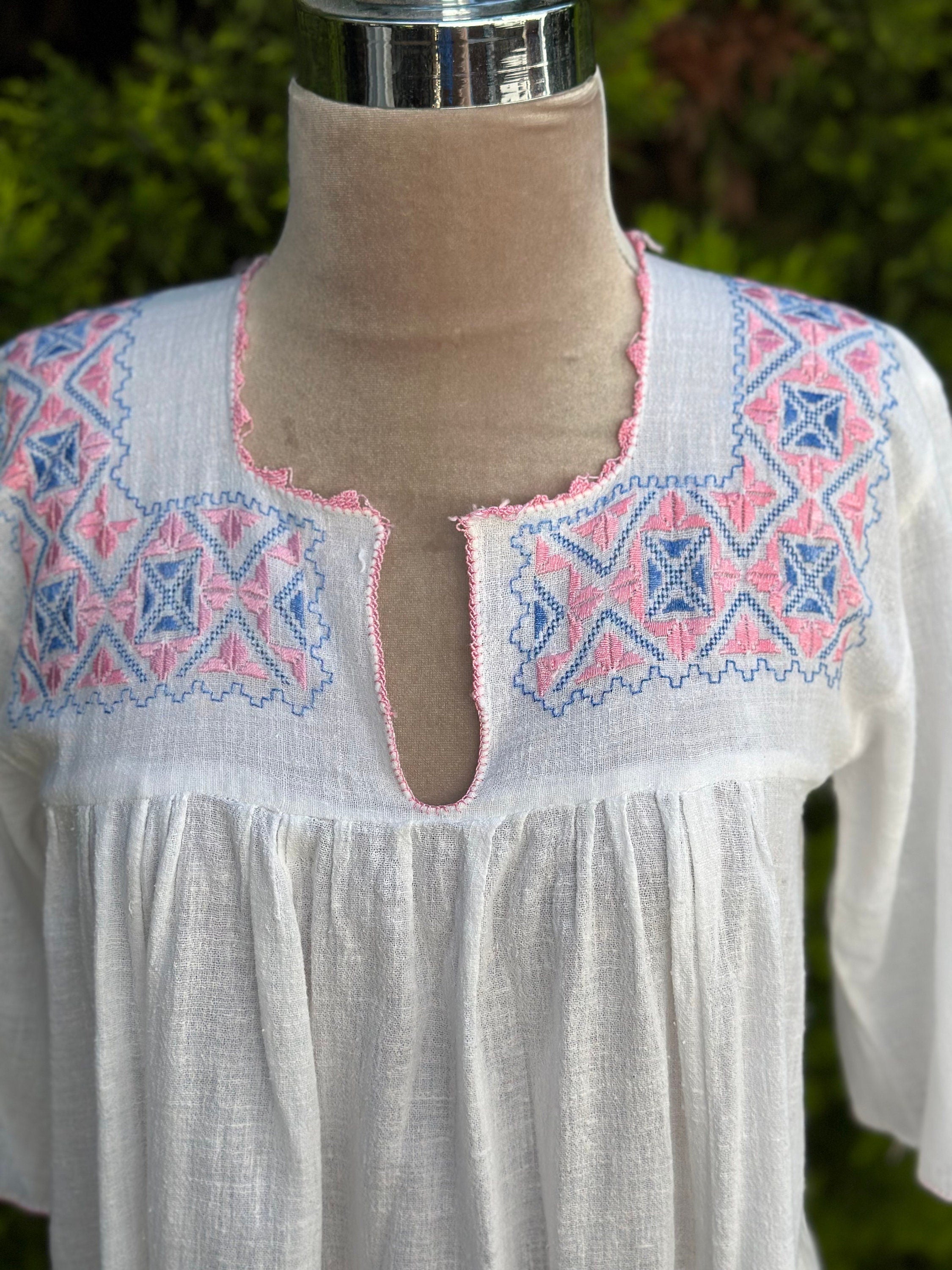 1940s Hand Embroidered Cotton Dress: Vintage Needlework Lace Trim
