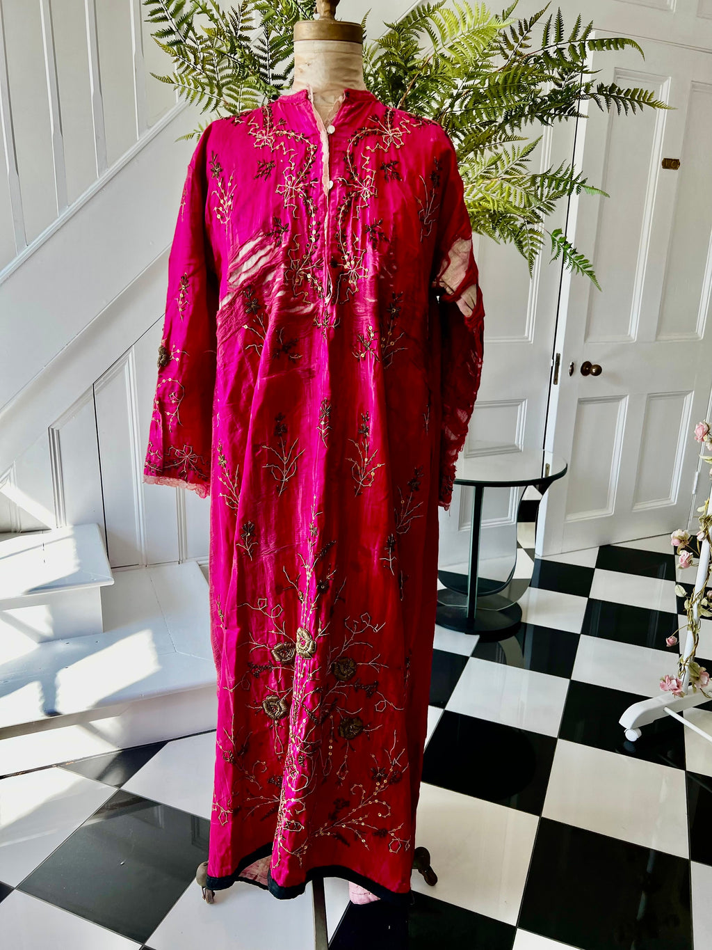 Antique Ottoman Silk Bindalli Dress: Hot Pink Zardozi Embroidery