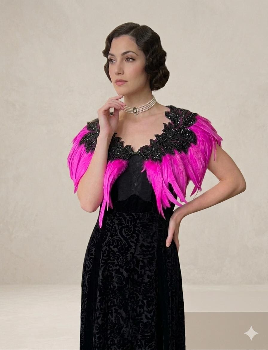 1930s vintage style hot pink cerise pink feather cape  with black embellishment