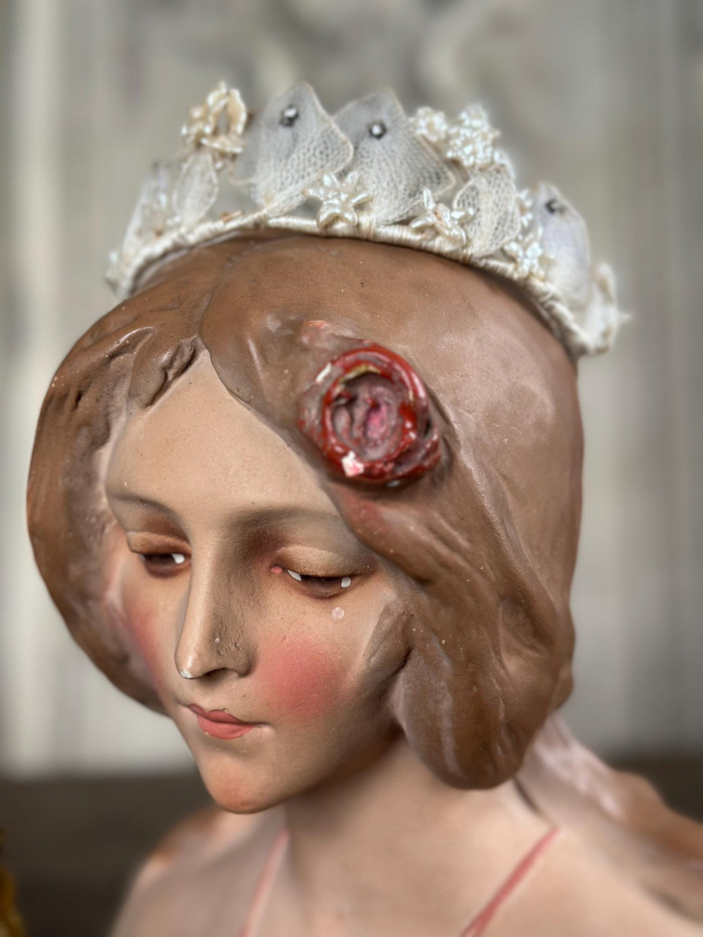 Antique 1940s  Floral Wax Tiara with tulle