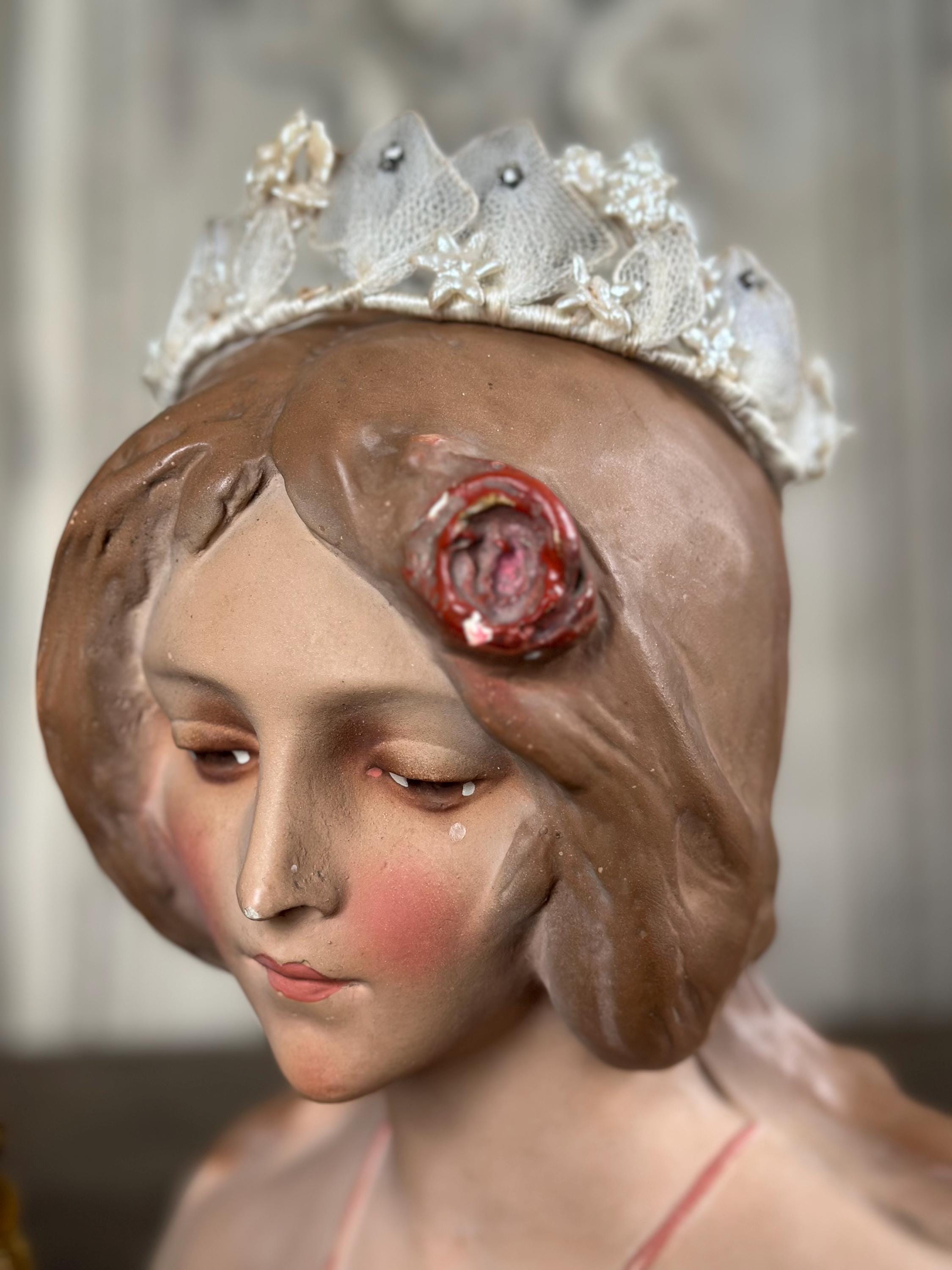 Antique 1940s  Floral Wax Tiara with tulle