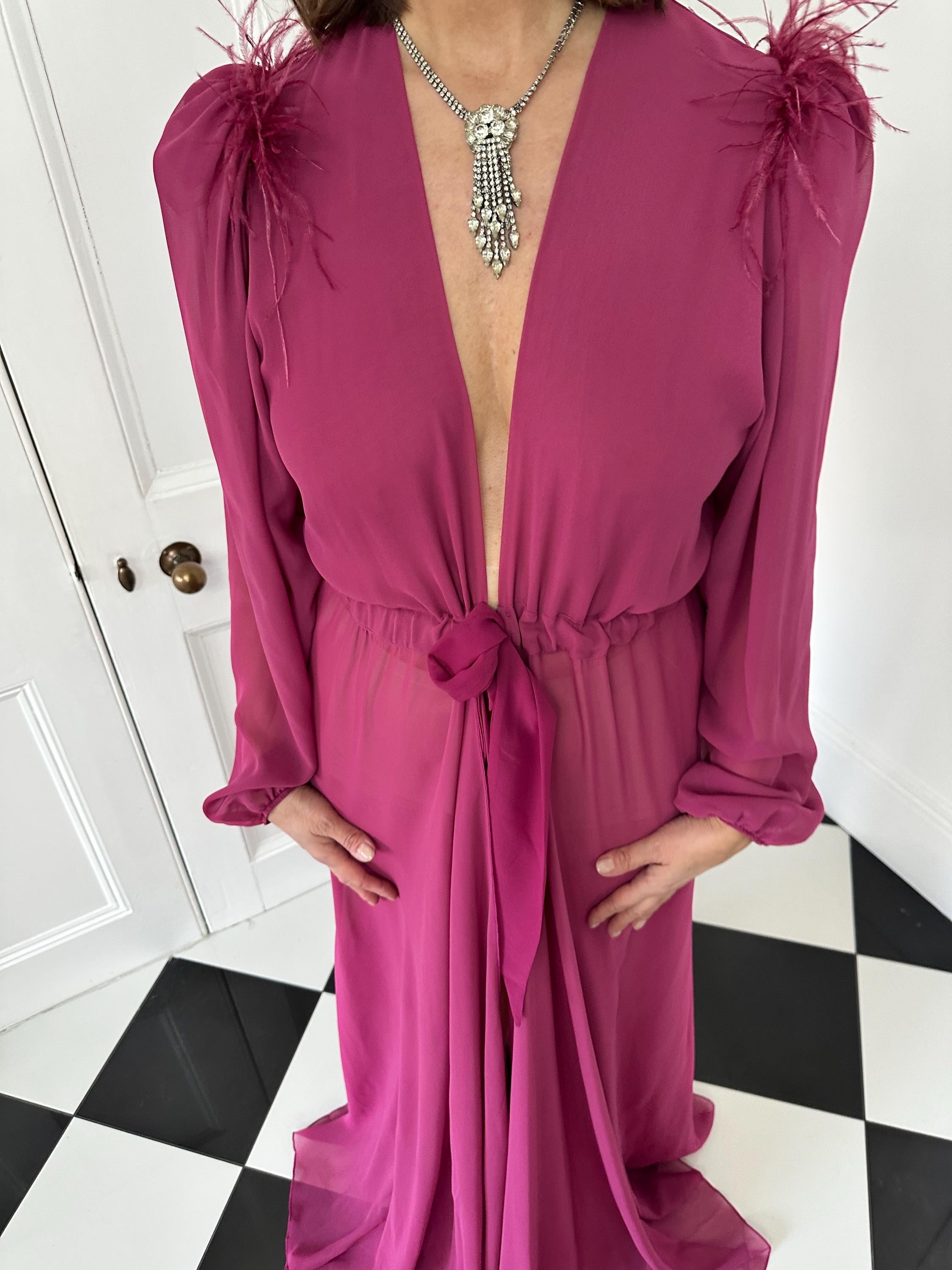 Vintage 1940s style pink maxi gown robe with ostrich feather