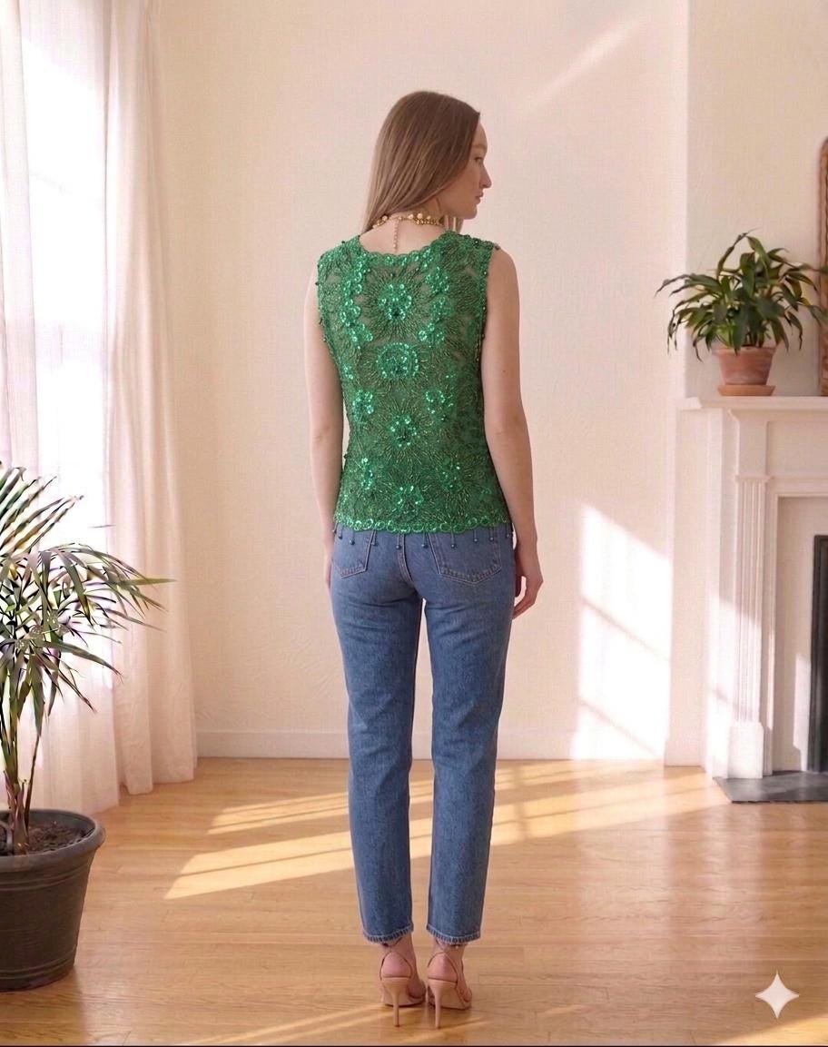 1960s Emerald green chiffon beaded blouse