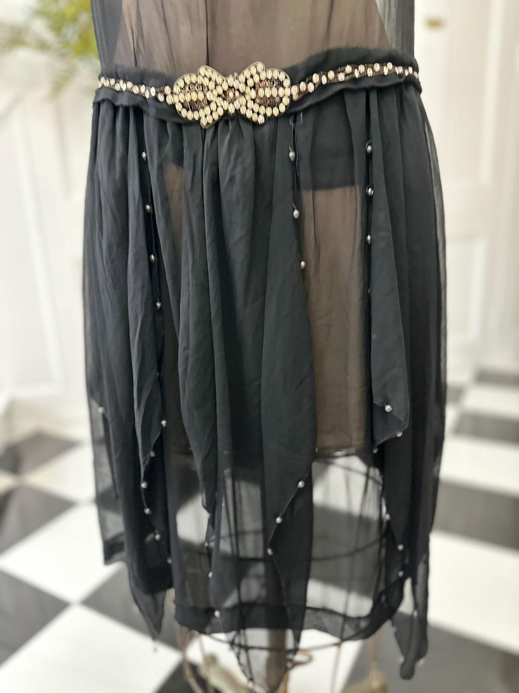 1920s Black sheer dress with diamond waistline details