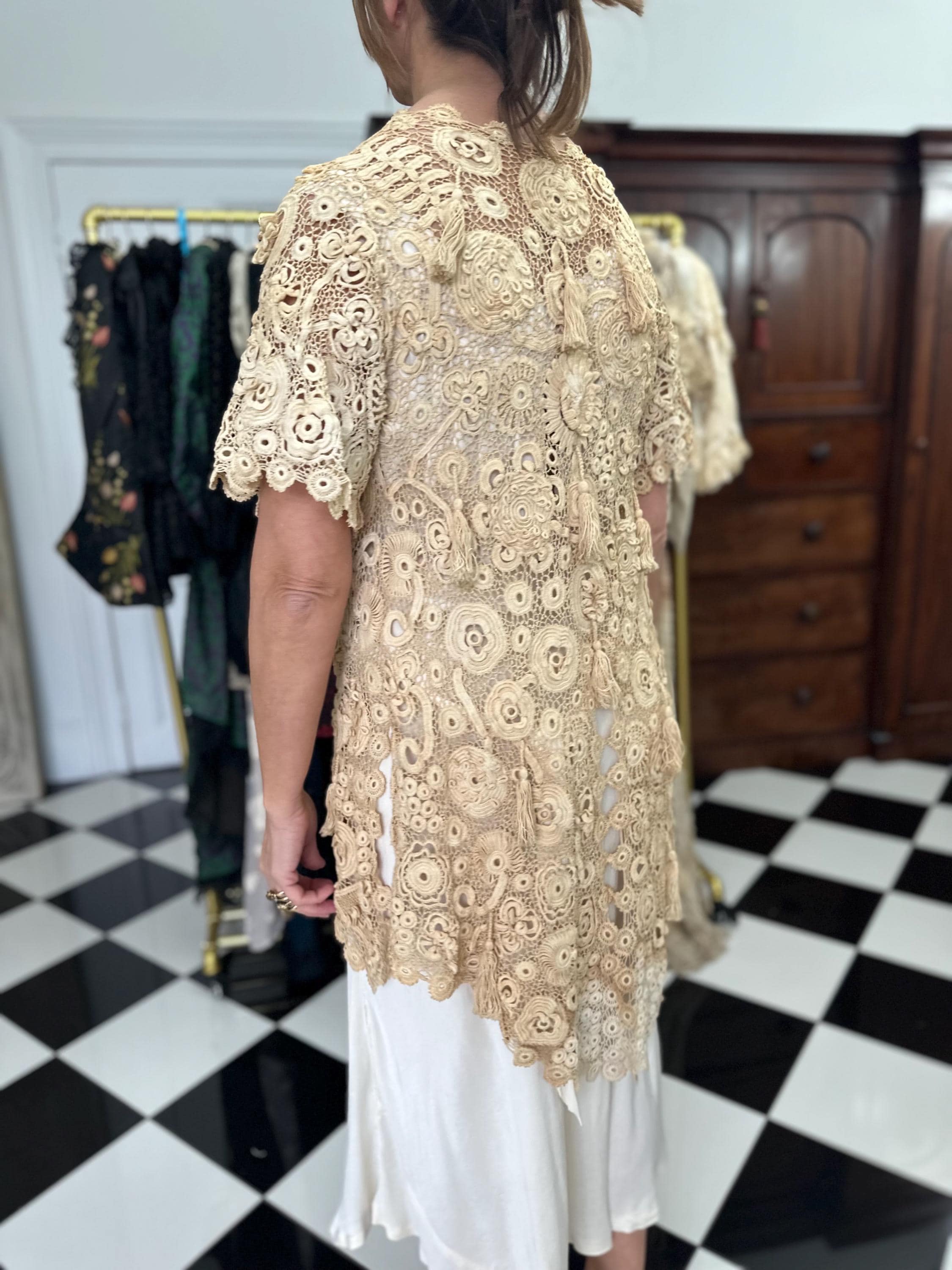 Vintage Irish Crochet Long Jacket Cardigan Intricate Handcrafted Beauty