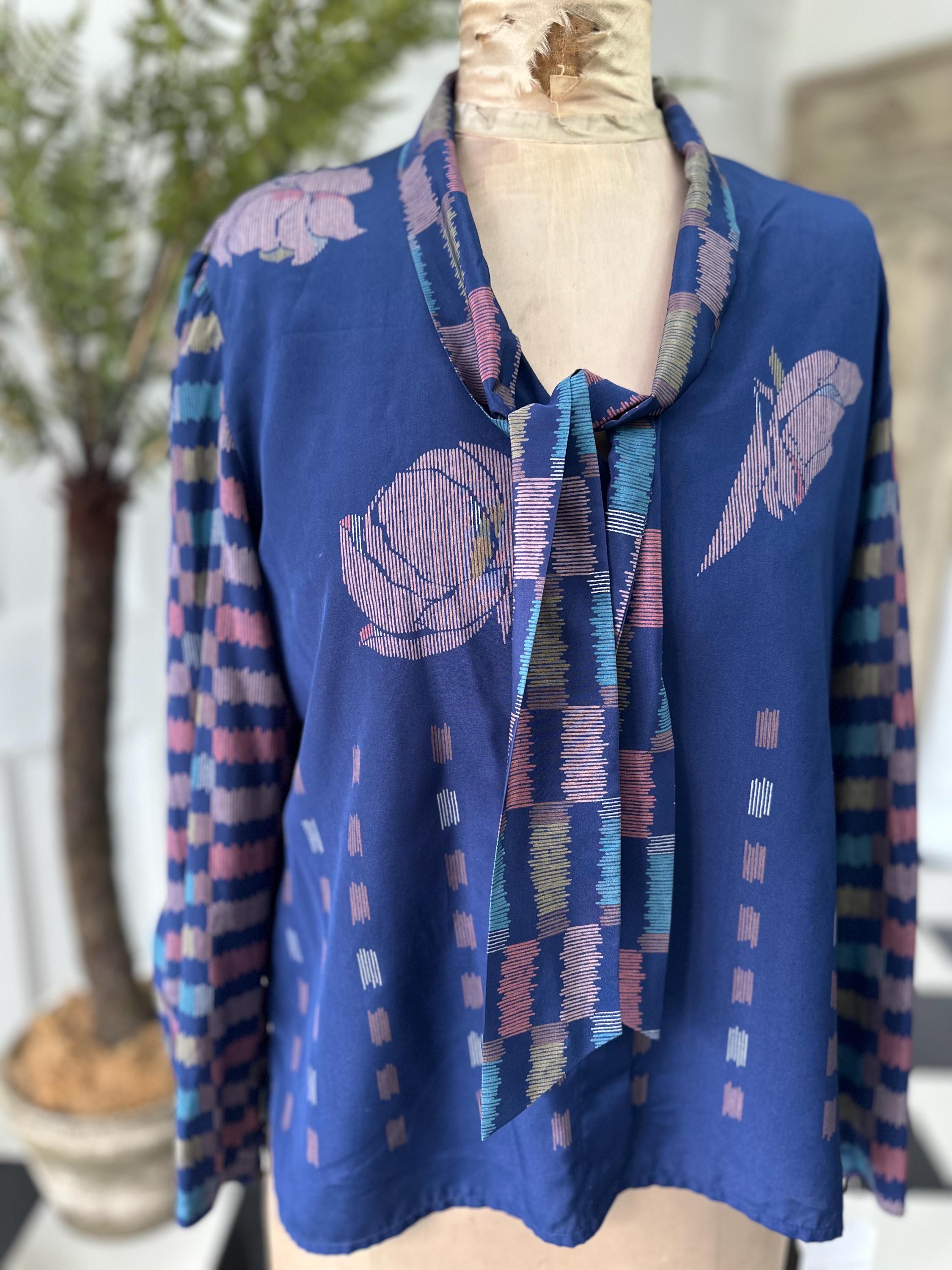 Vintage blue bussybow long sleeve blouse geometric print design