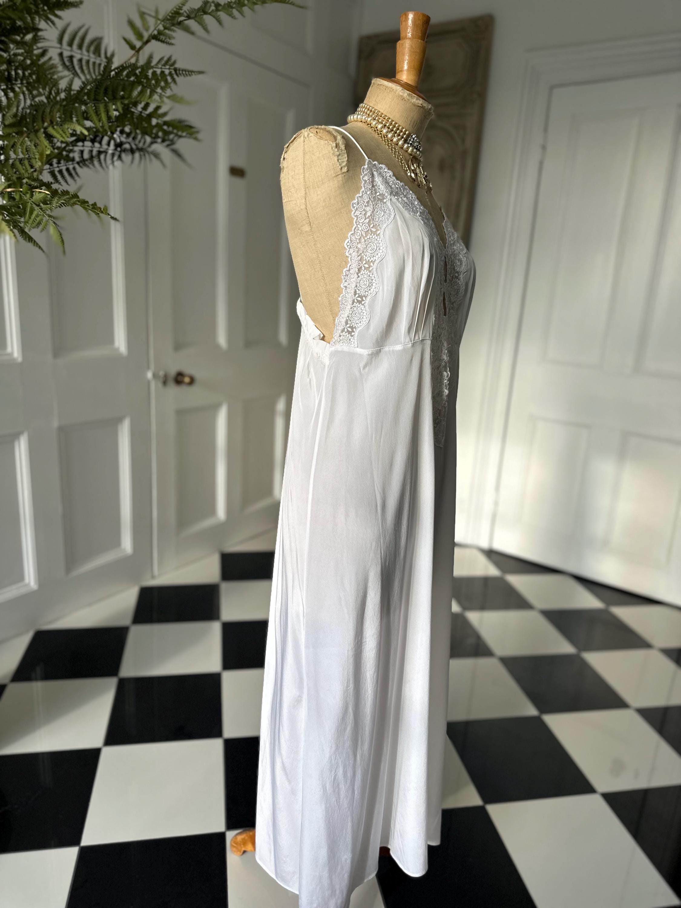 Vintage 1970s  White Silky Slip Gown | Deep V Floral Lace Inset Bridal Nightgown