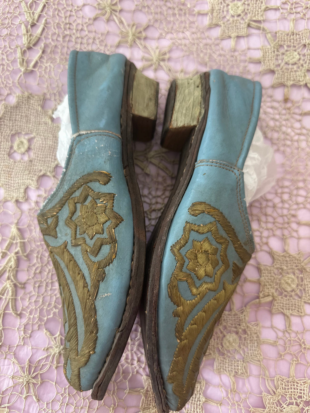 Antique Ottoman 19th century leather shoes with gold embroidery