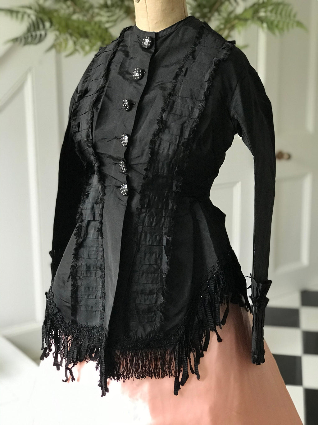 1860s Victorian Black Silk Bodice Jacket with Passementerie