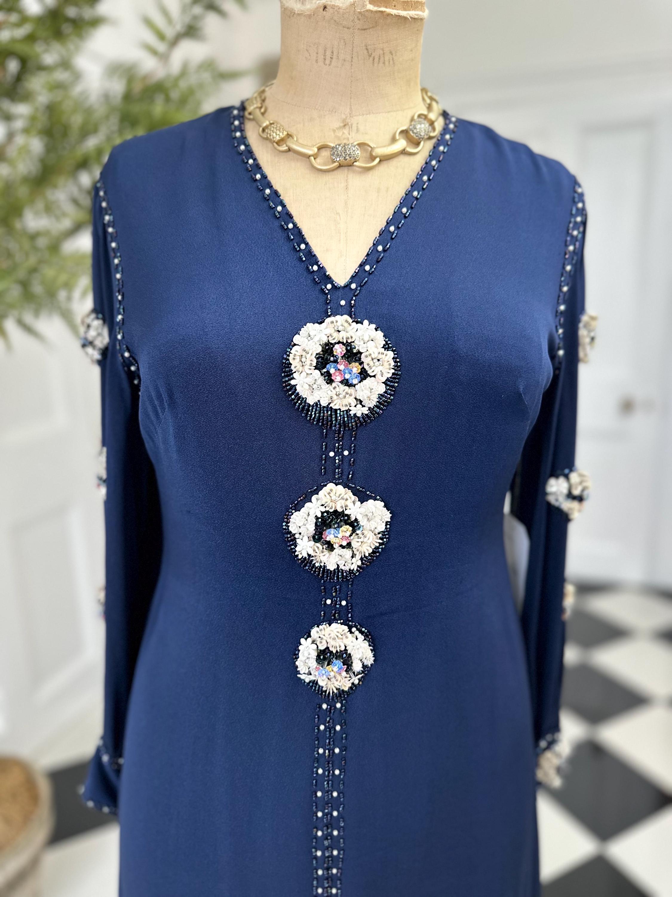1970s Navy blue silk sequin and beaded knee length evening dress