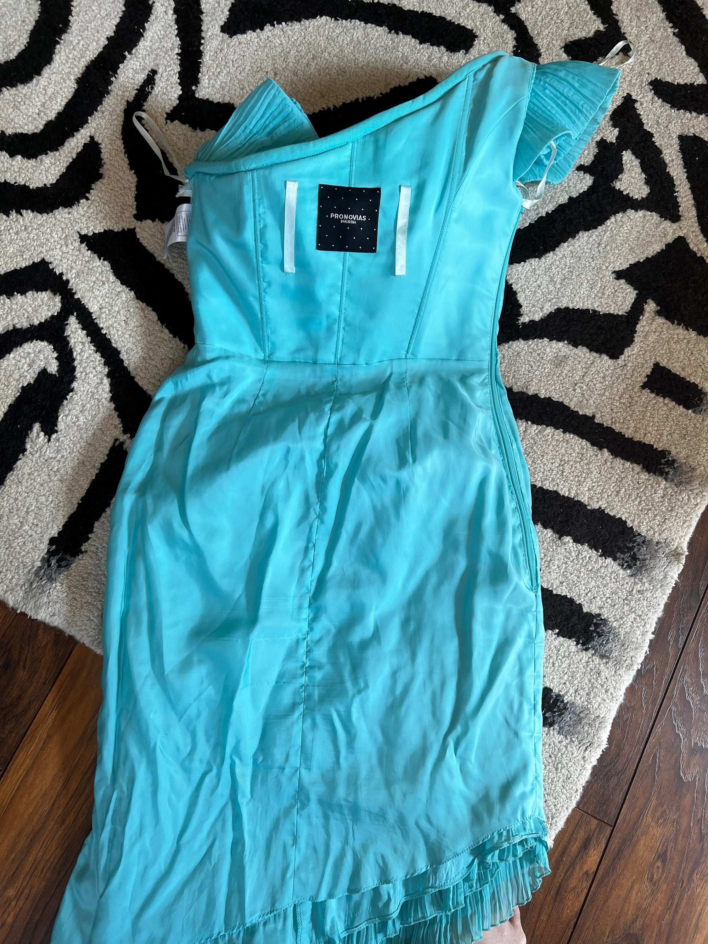 Sexy one sleeve off the shoulder ruched turquoise Cocktail dress by Pronovias