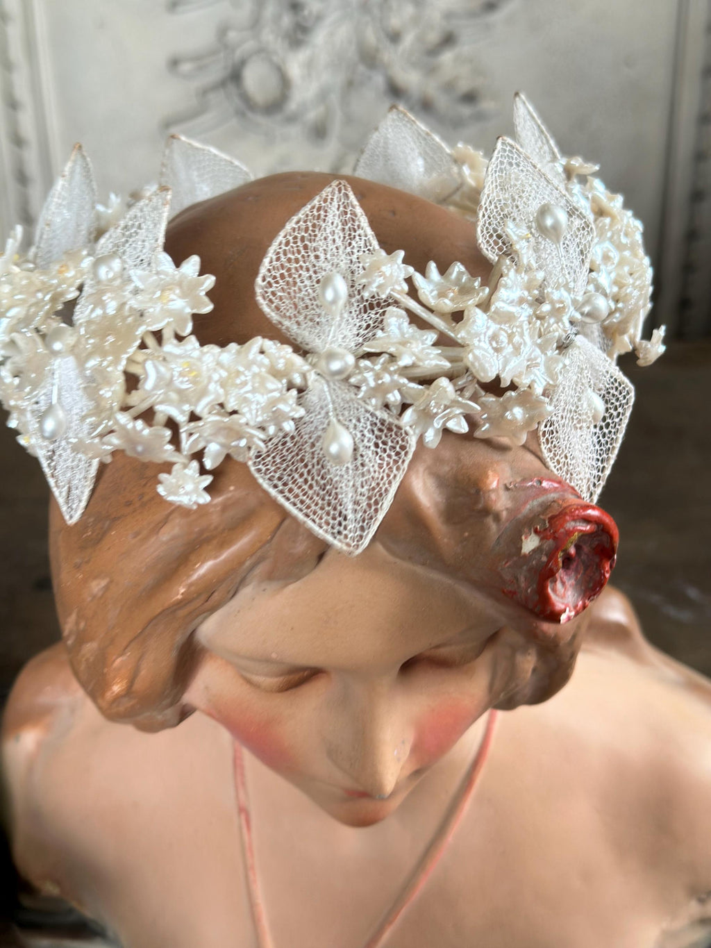 Antique 1940s  Floral Wax Tiara with tulle