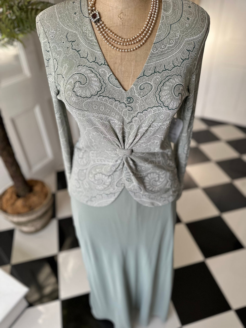 1970s Sage green dress blouse and skirt