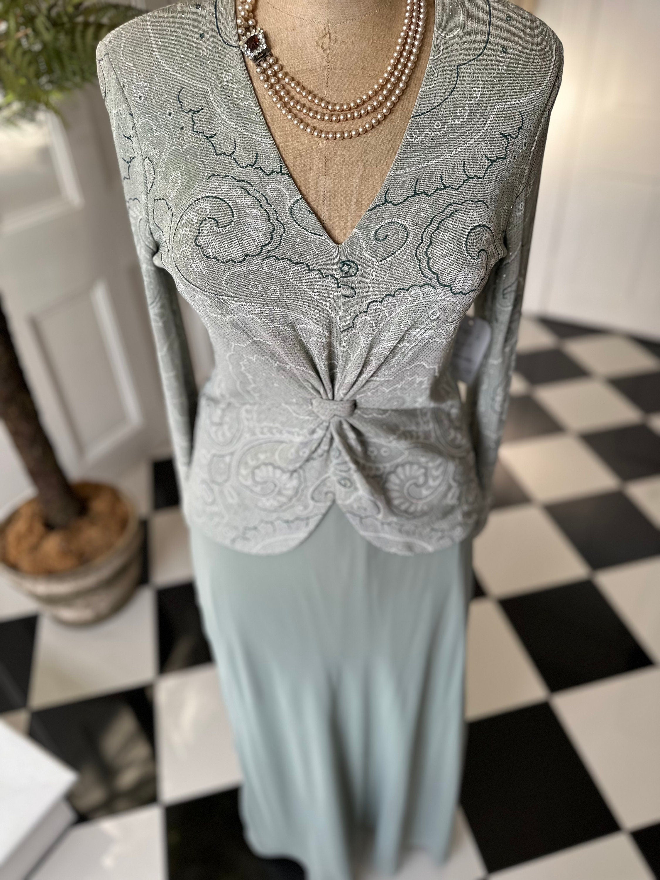 1970s Sage green dress blouse and skirt