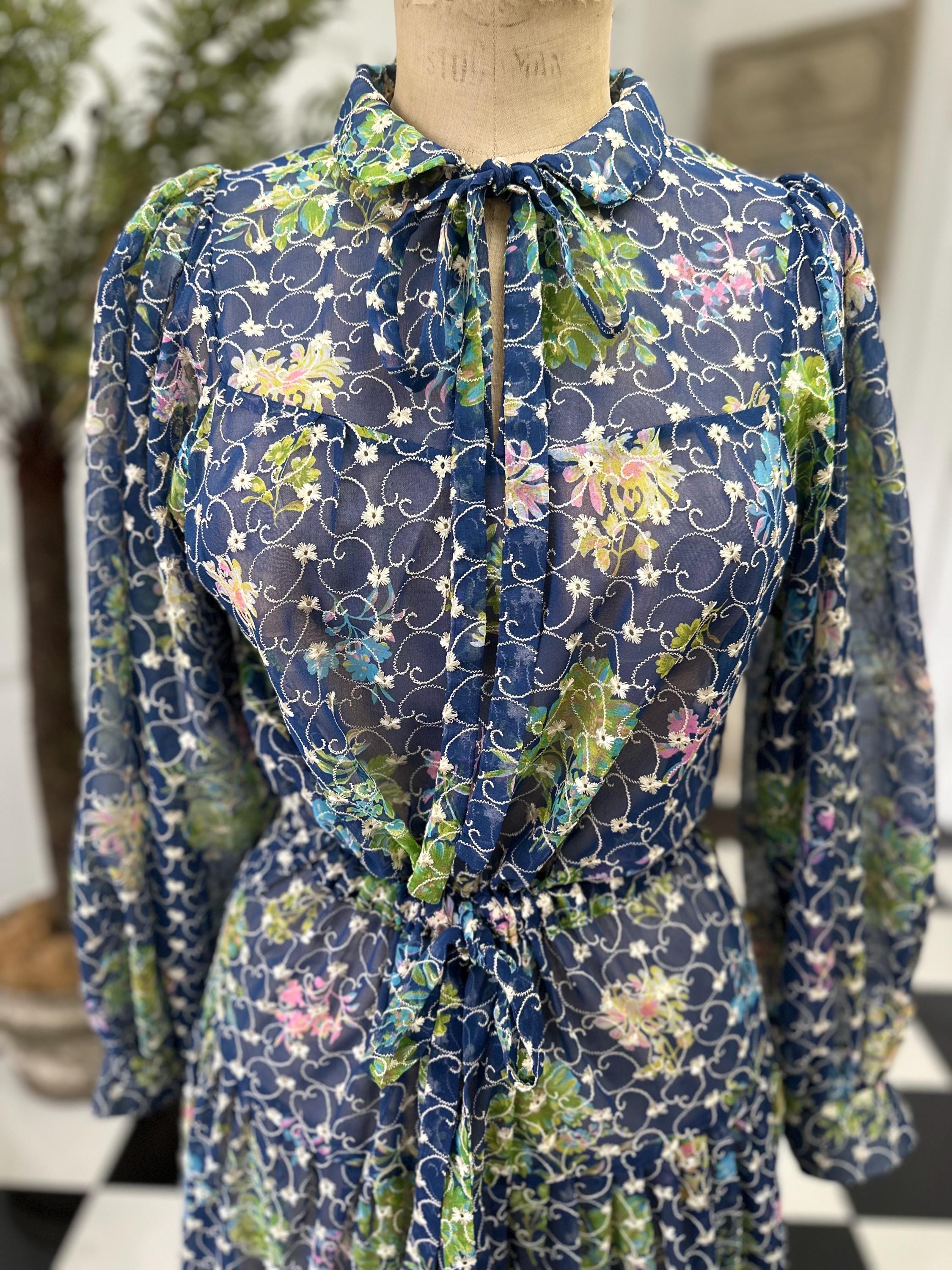 1970s Vintage Organdie Dress: Blue Green Floral Embroidered Long Sleeve