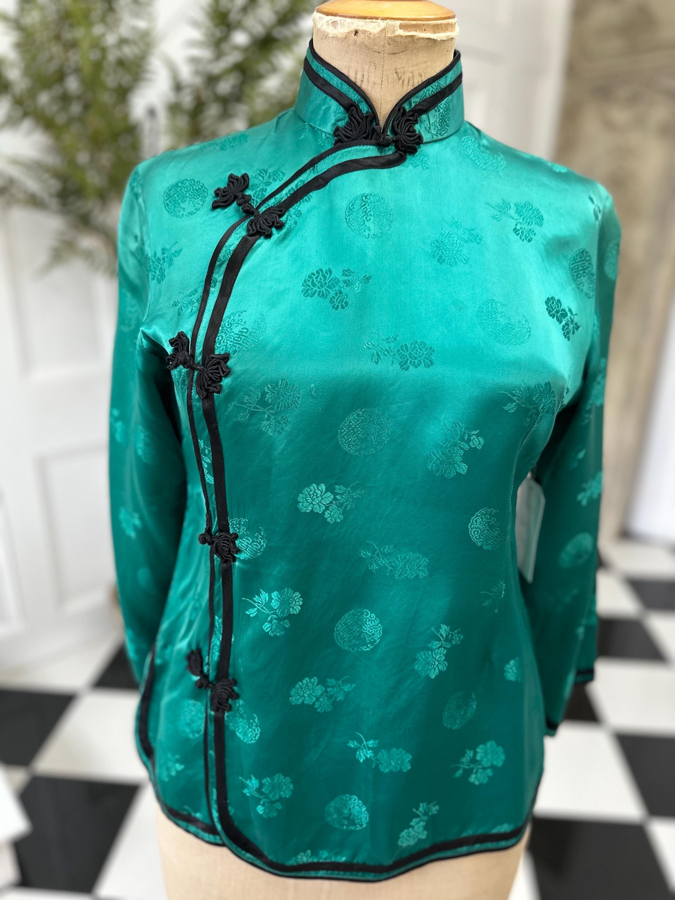 Chinese Emerald green rayon blouse label Silver Lake
