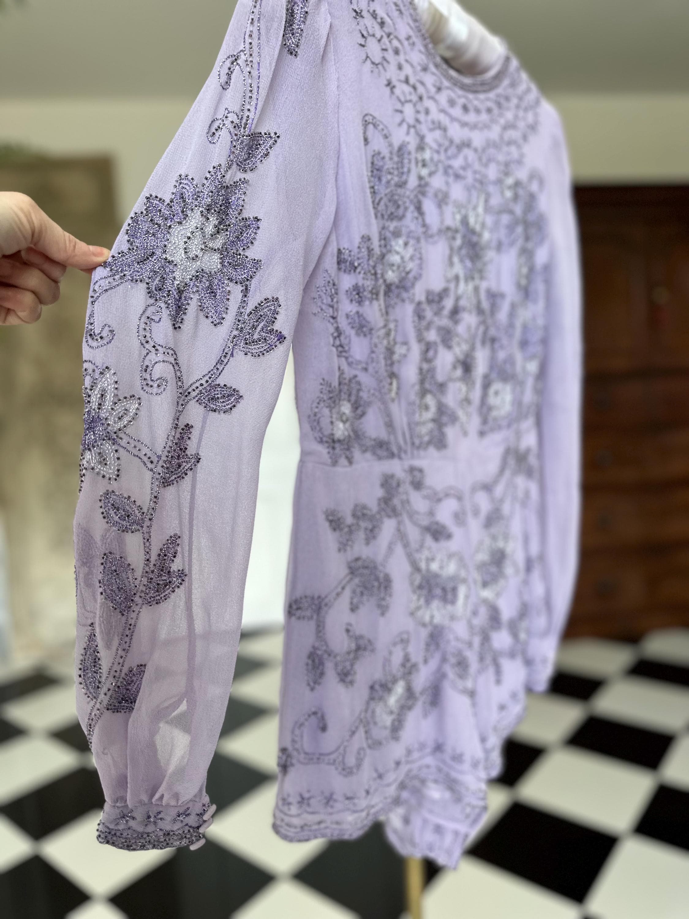 Vintage chiffon Lavender Beaded Floral Romper with Open Back and Long Sleeves