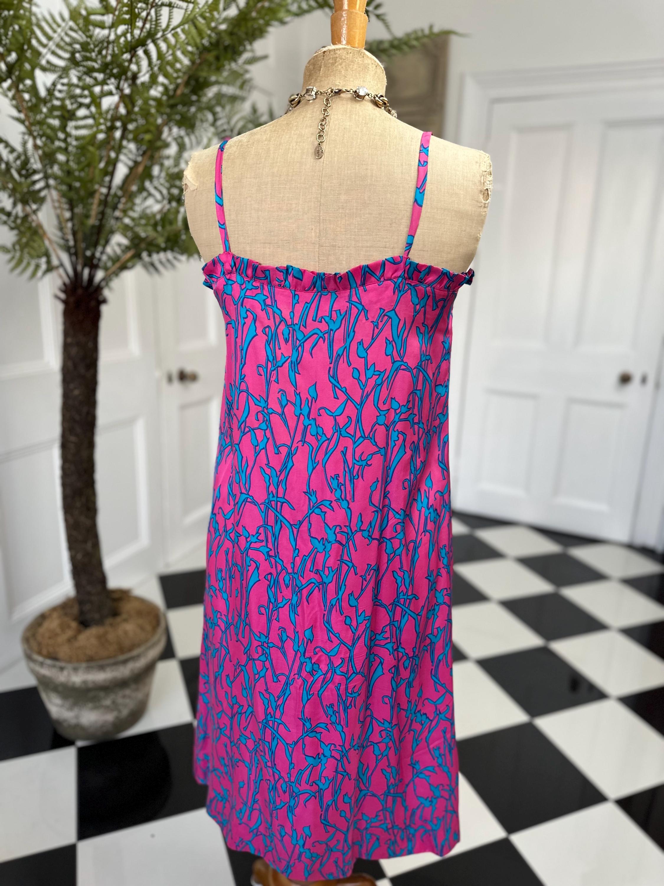 1970s Vintage silk spaghetti summer dress in hot pink and turquoise