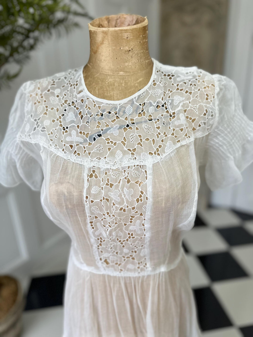 1940s white organdie cutout lace dress
