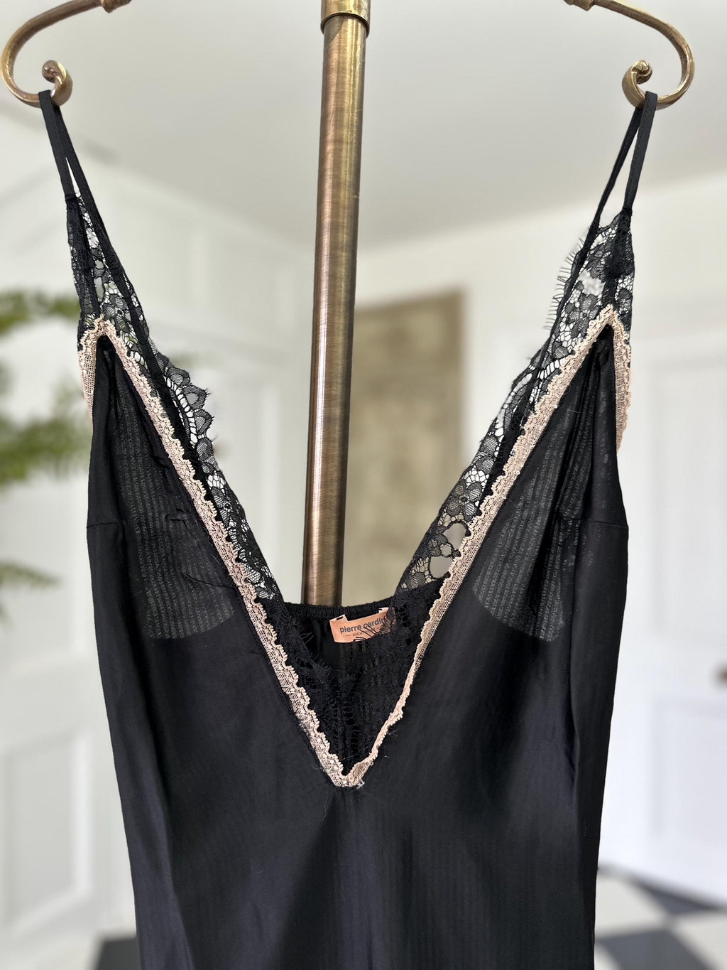 Vintage style black plunge neck lace slip dress Pierre Cardin. Extra small size