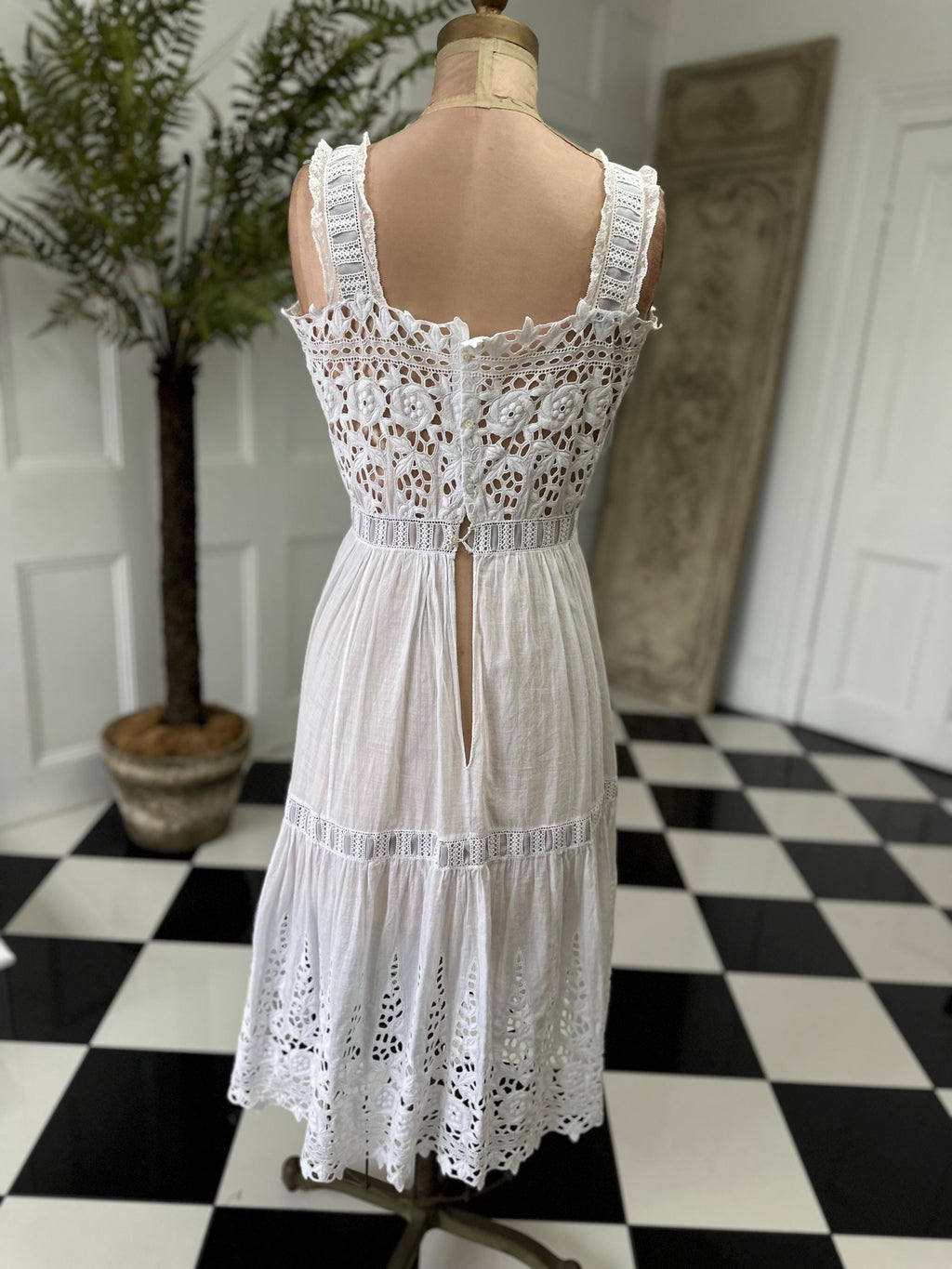 1910s Edwardian white embroidered lace  under dress with grey ribbon details