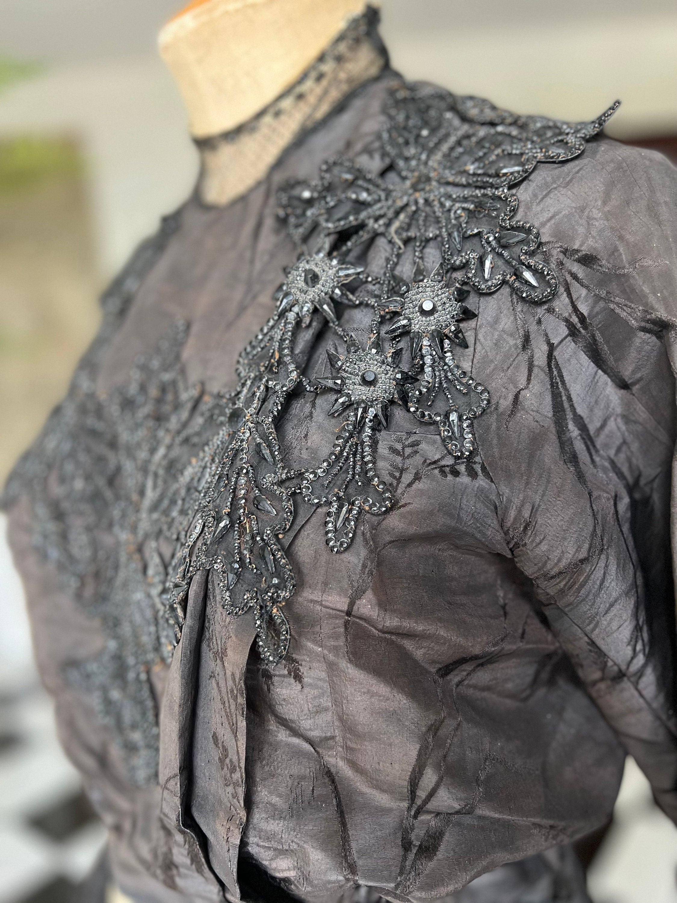 1890s  Victorian black silk embellished bodice and skirt