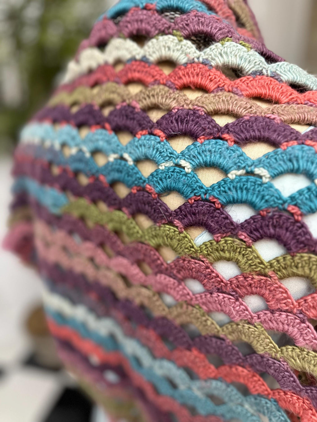 1970s Vintage hand knitted multi coloured shawl