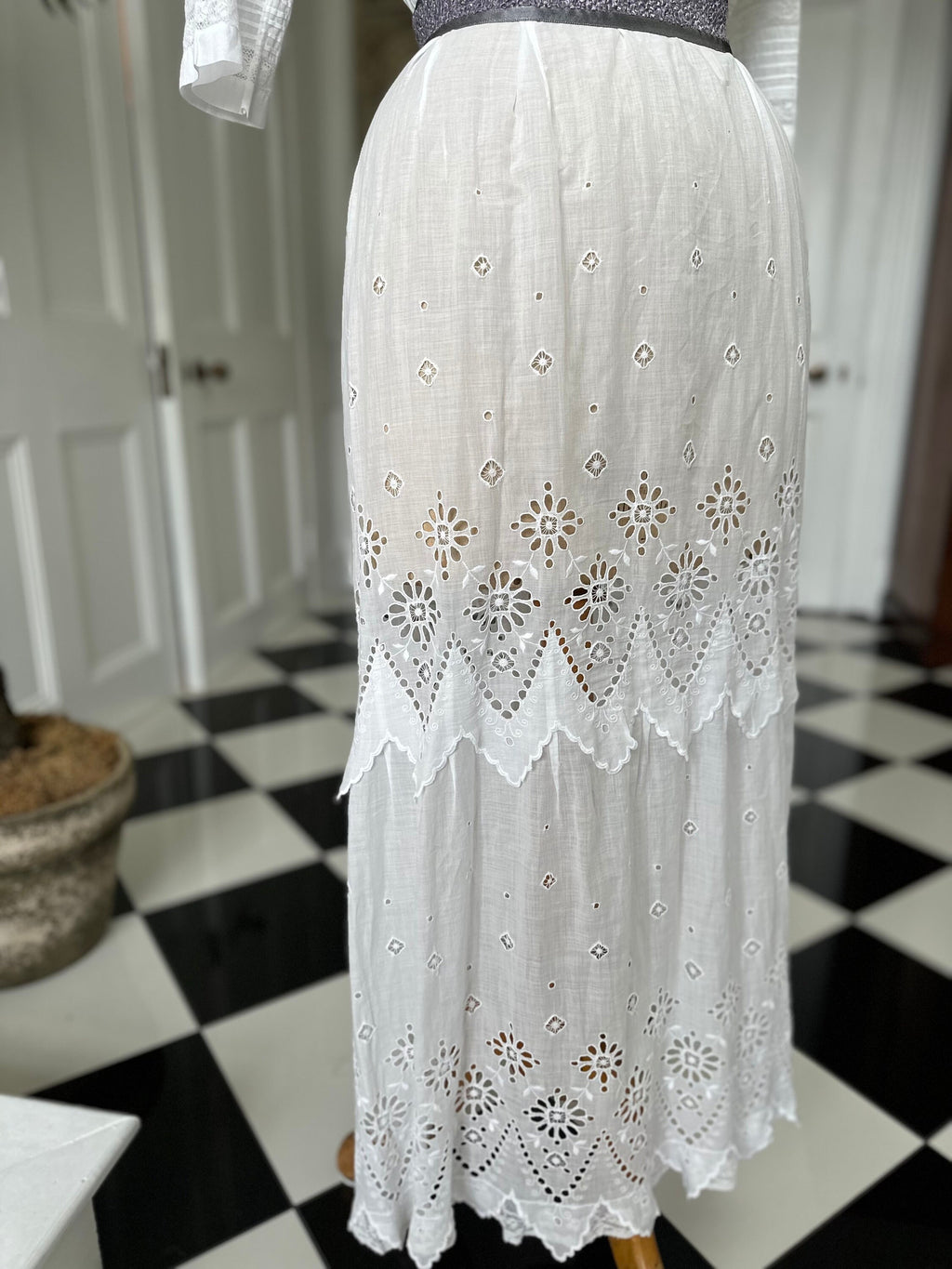 Antique Edwardian white broderie anglaise cotton lawn dress hand embroidered details.