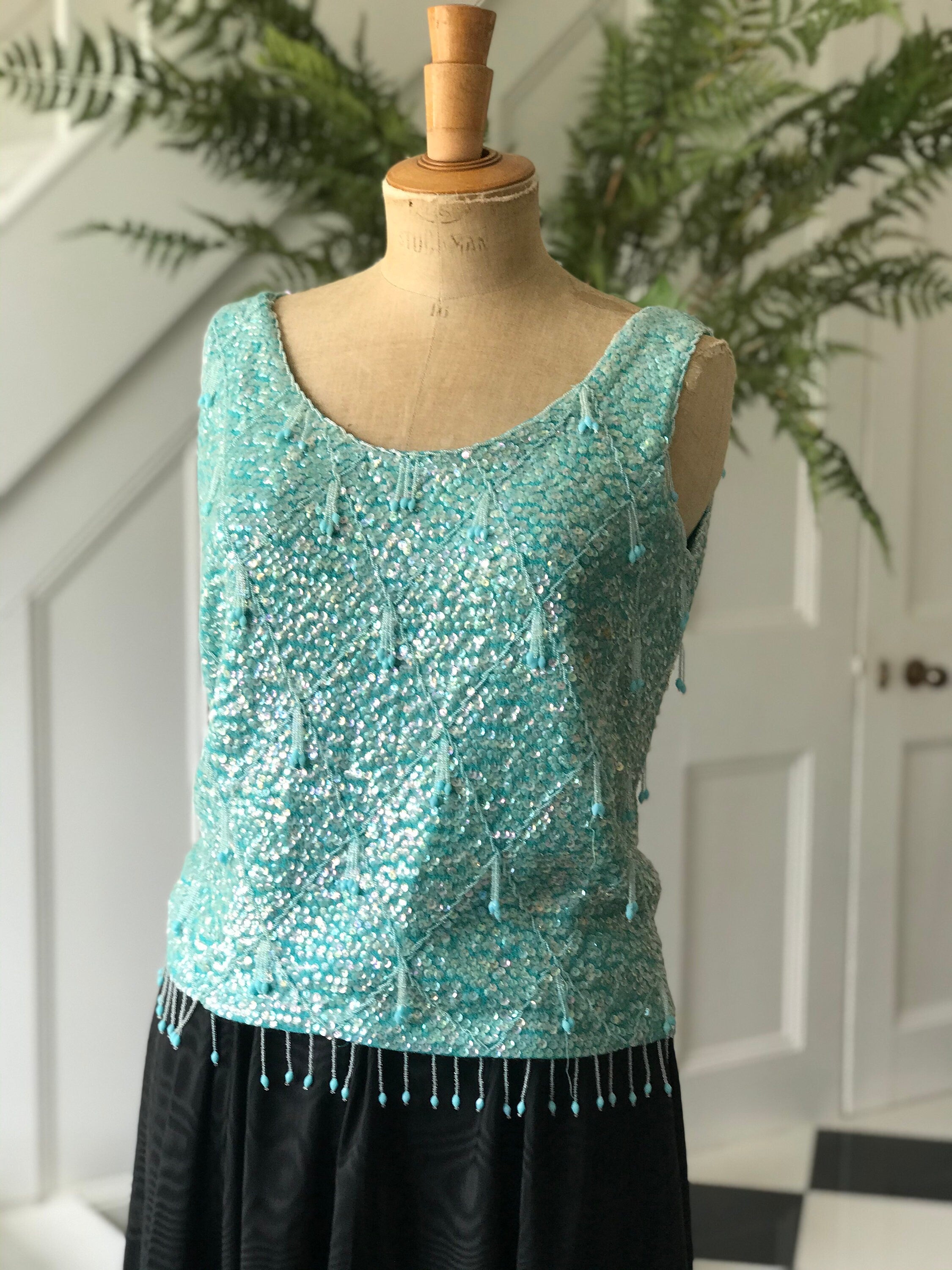 Vintage 1960s Turquoise beaded embellished wool top jumper blouse