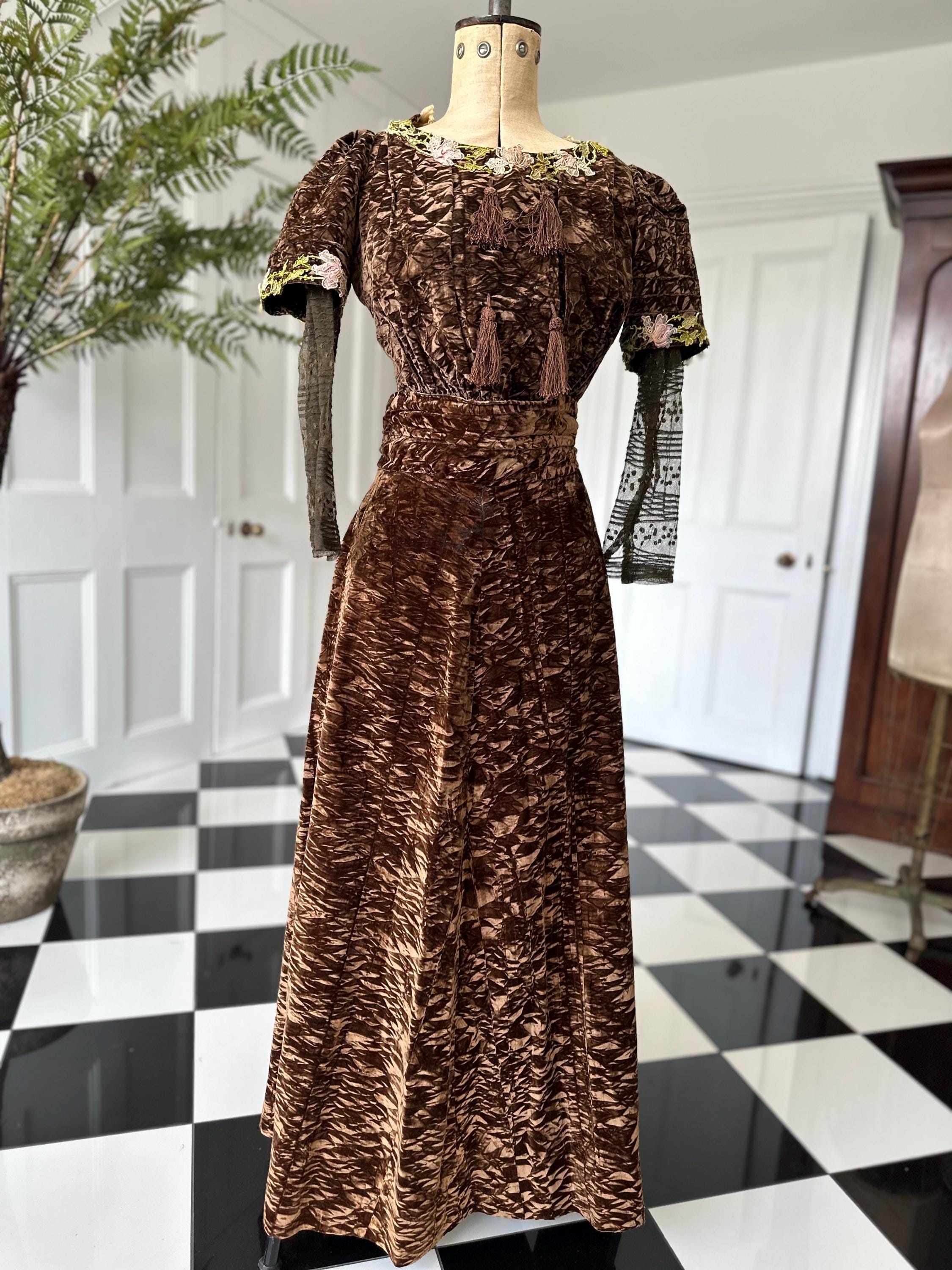 Edwardian silk crush  velvet bodice and skirt with pastel colours