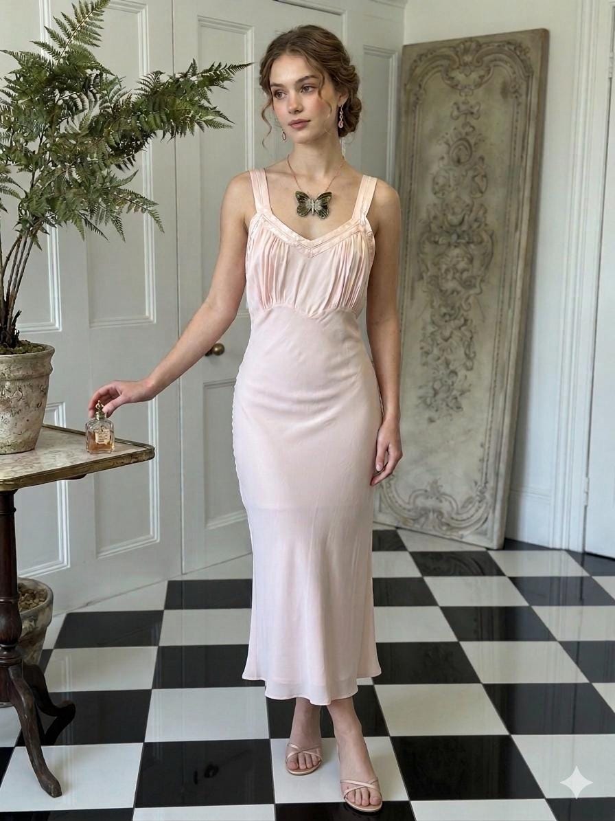 1930s Vintage Long Bias Cut Slip peach Dress by Barbizon