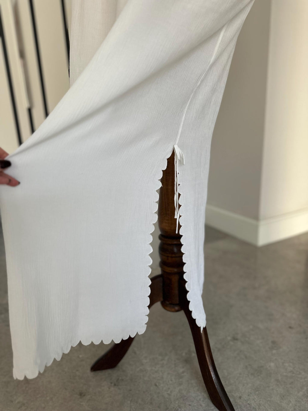 1970s crossover cutout lace white long slip dress
